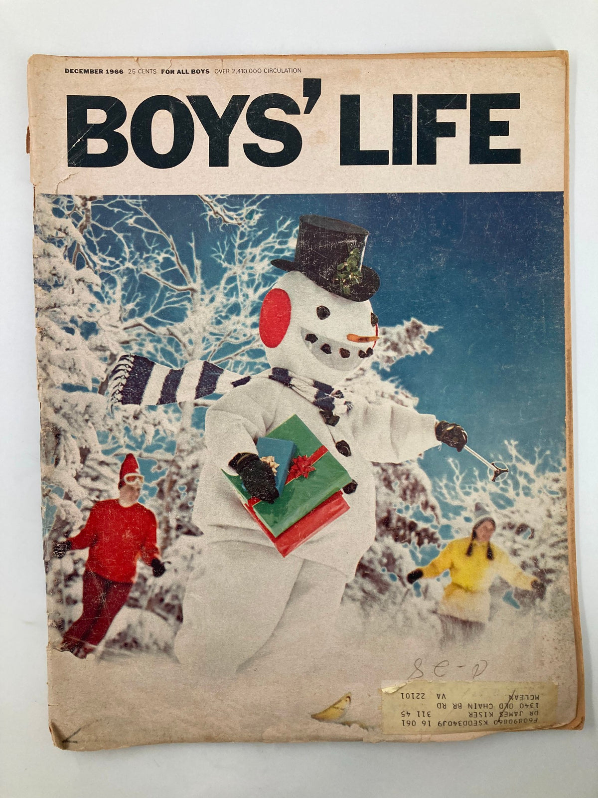 Cover of Boys' Life Magazine December 1966 featuring a snowman holding gifts, highlighting the issue with Gordie Howe as the Golden Goal-Getter.