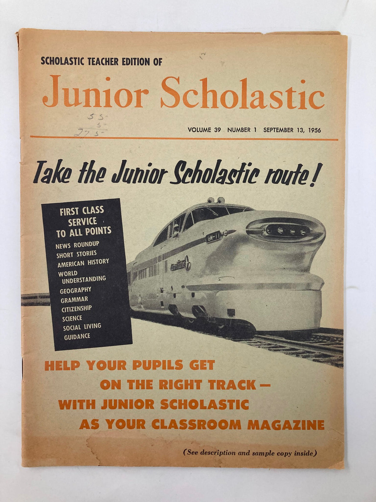 Cover of VTG Junior Scholastic Magazine September 13 1956, featuring the title 'Junior Scholastic' and the call to action 'Take the Junior Scholastic route!'. The cover highlights educational topics along with an illustration of a train.