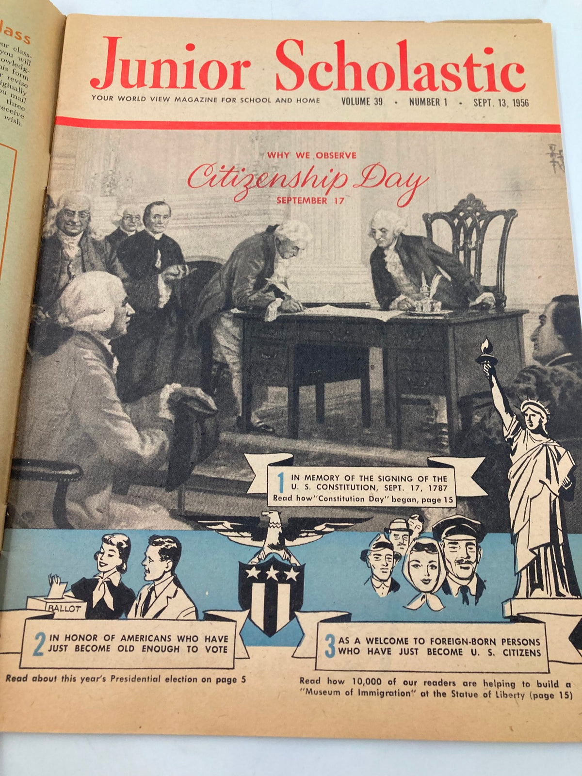 Interior page of VTG Junior Scholastic Magazine September 13 1956, displaying a section titled 'Why We Observe Citizenship Day' along with illustrations and educational content related to US citizenship.