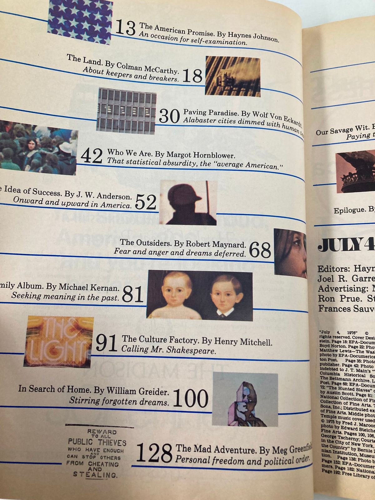 Table of contents from the Vintage The Washington Post Magazine July 4 1976, listing various articles reflecting American life and culture.