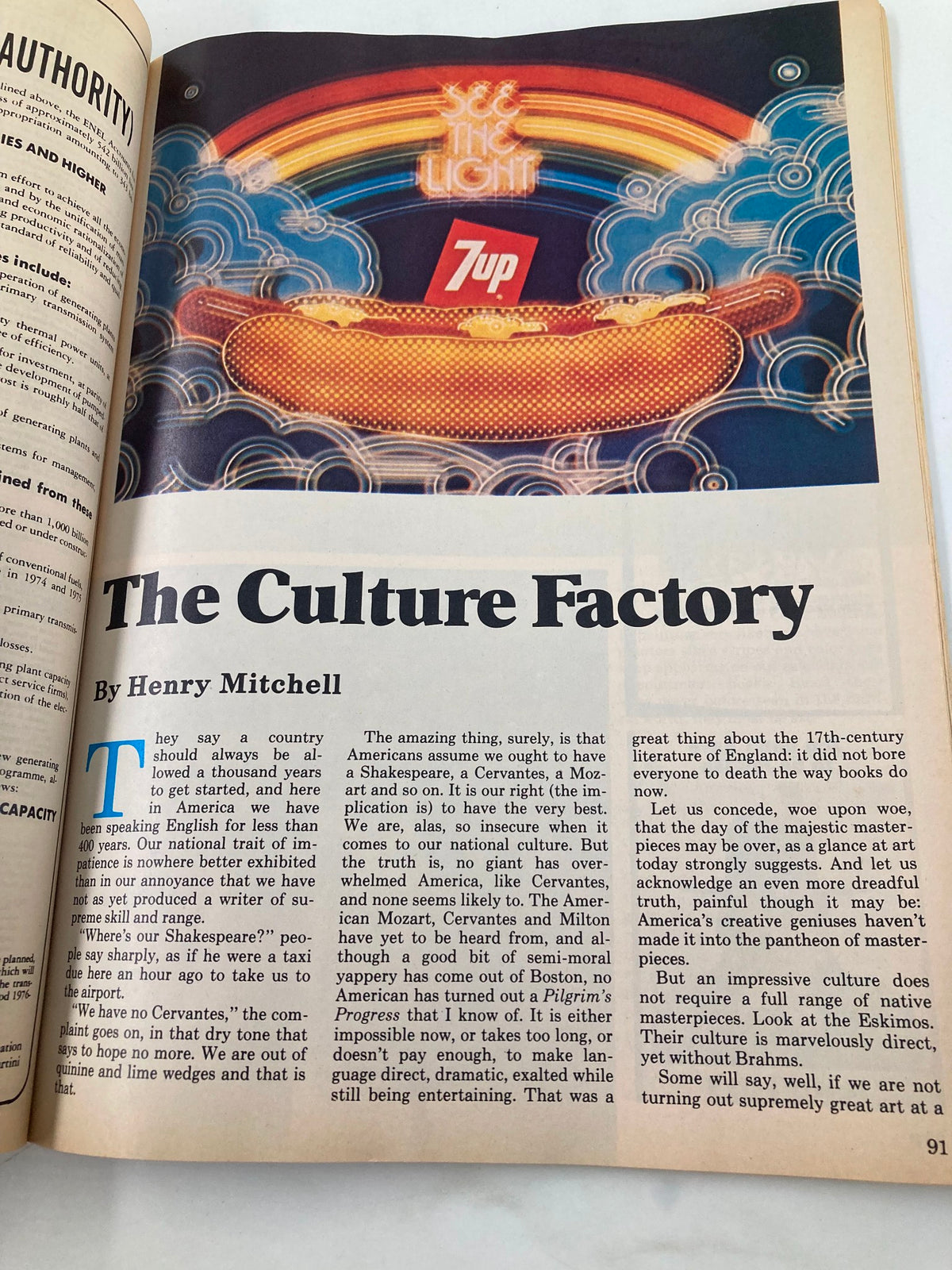 VTG The Washington Post Magazine July 4 1976 page displaying the article 'The Culture Factory' by Henry Mitchell with a colorful background.