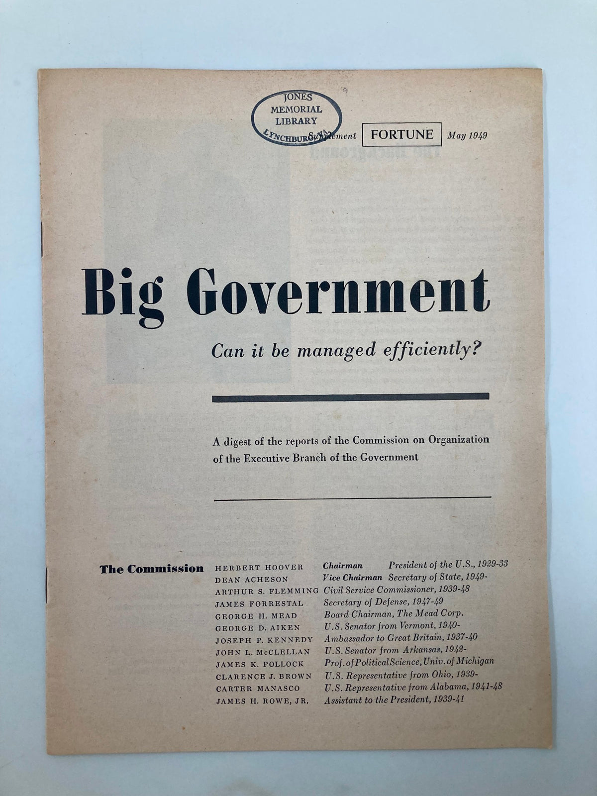 Cover of VTG The Fortune Magazine May 1949 featuring the article 'Big Government: Can It Be Managed Efficiently?' with the Jones Memorial Library stamp.