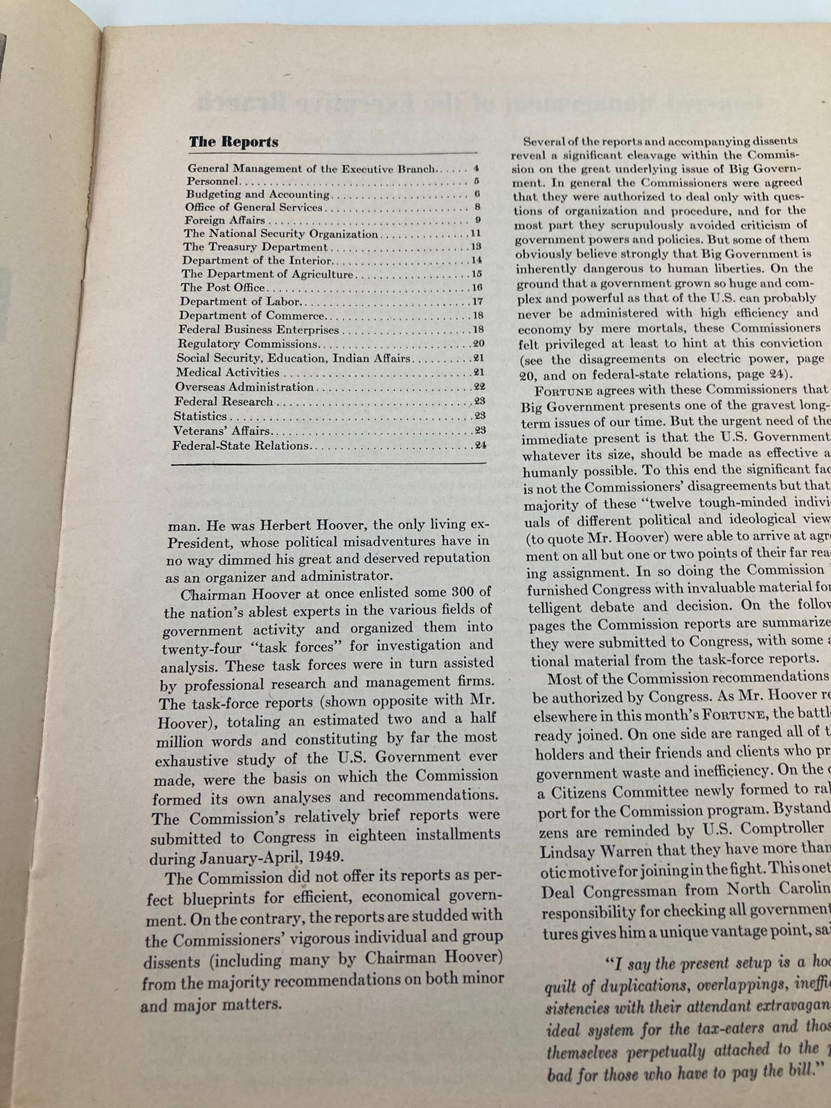 Interior pages of VTG The Fortune Magazine May 1949 listing reports on government management and organization.