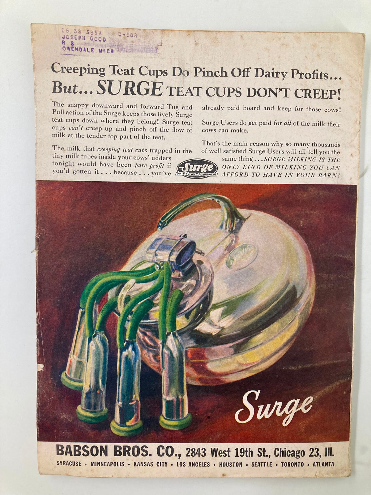 Back cover of the VTG Successful Farming Magazine March 1947, advertising Surge teat cups for dairy farming.