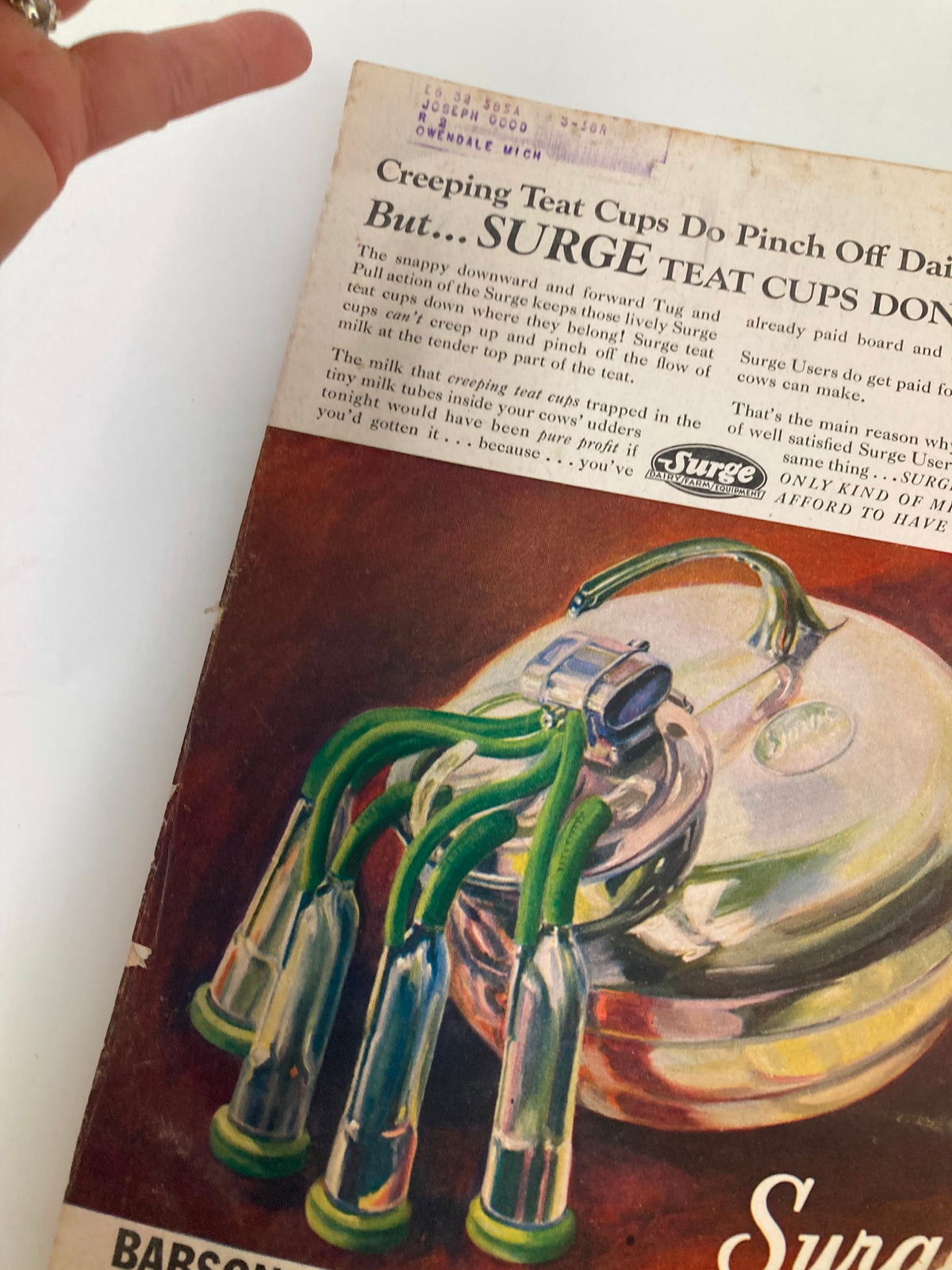 Back cover detail of the VTG Successful Farming Magazine March 1947, featuring an illustration of Surge teat cups for efficient dairy milk production.