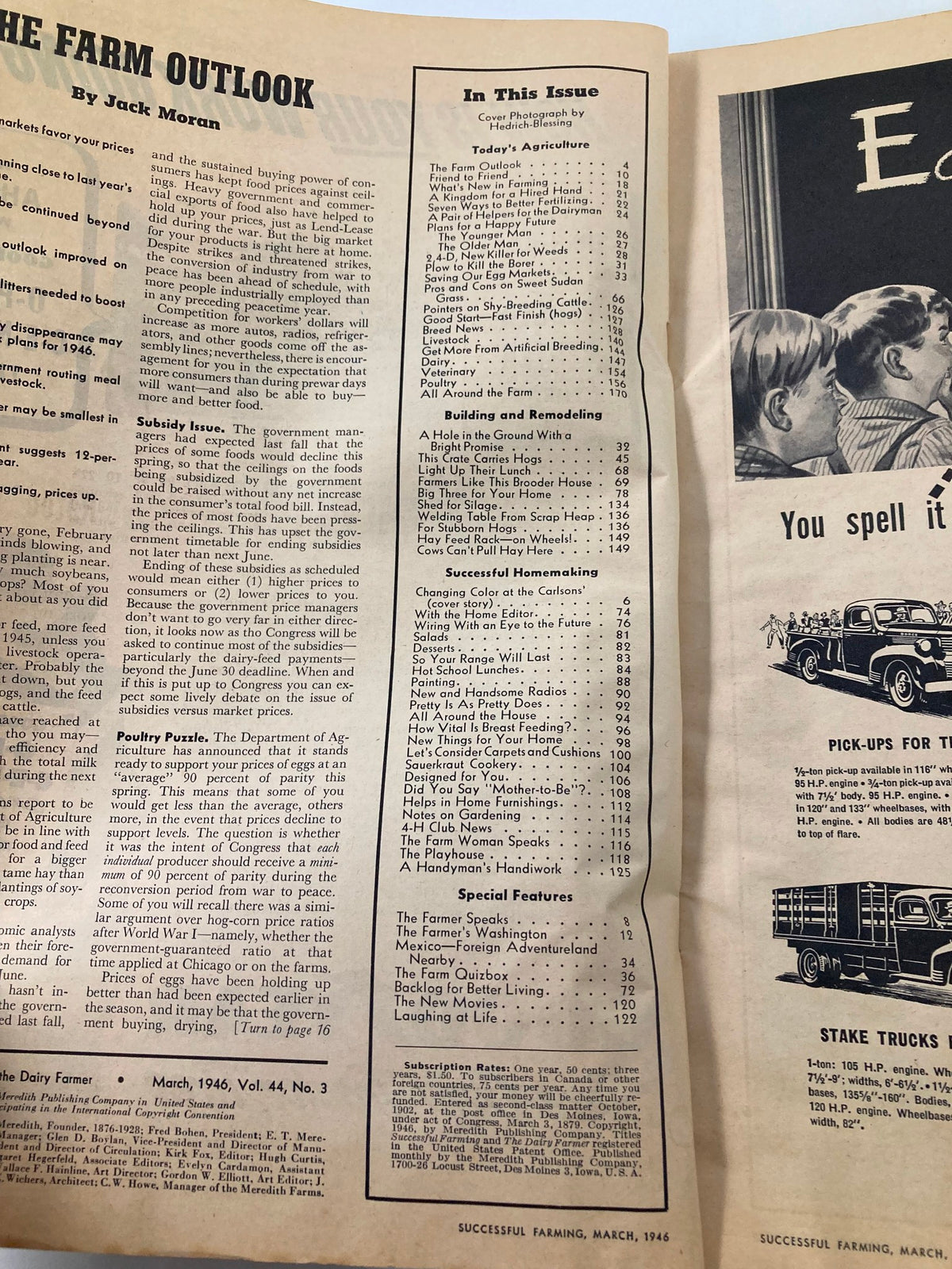 Interior page of the VTG Successful Farming Magazine March 1946 listing articles and features related to agriculture and homemaking.