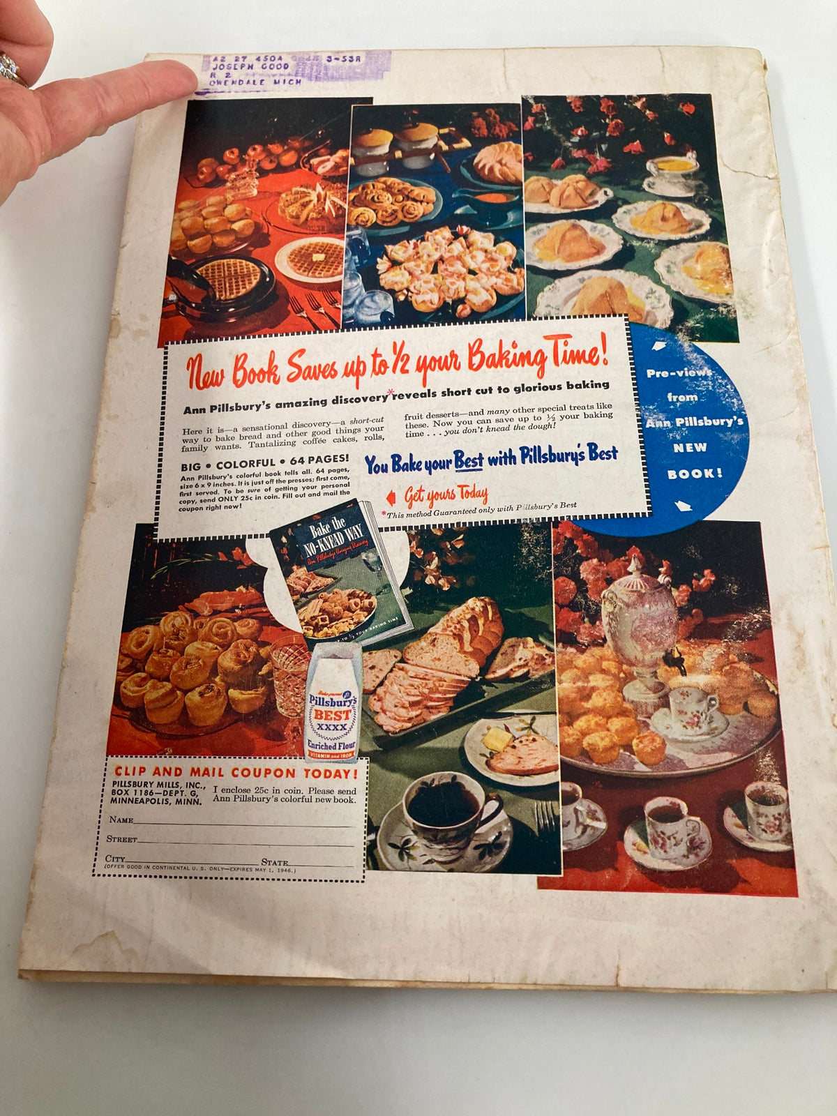 Back cover of the VTG Successful Farming Magazine March 1946 featuring advertisements and promotional content related to baking and cooking.