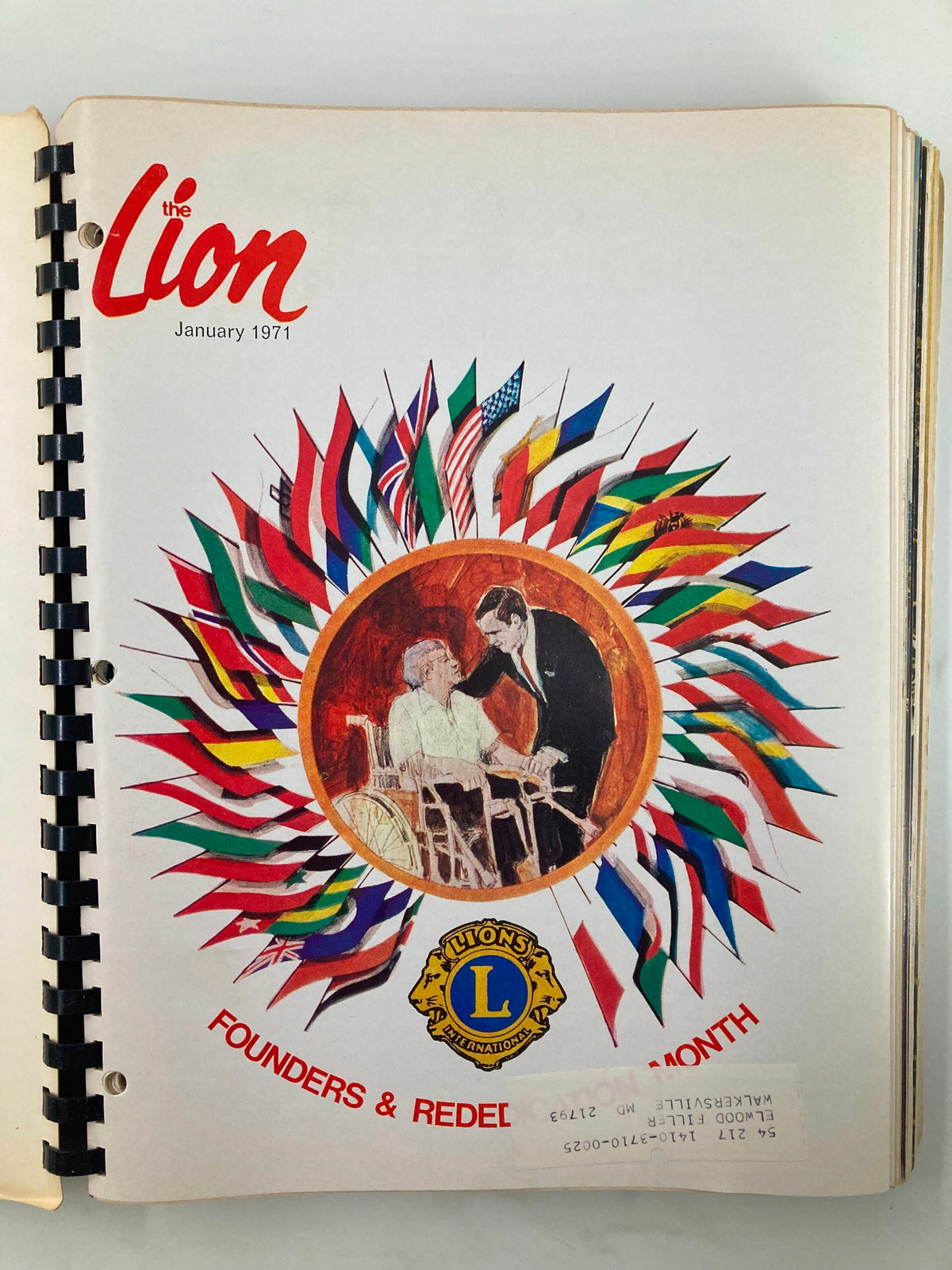 Cover of The Lion Magazine, January 1971, highlighting diverse global flags and a touching illustration of a man assisting an elderly woman, part of the 1971 compilation.