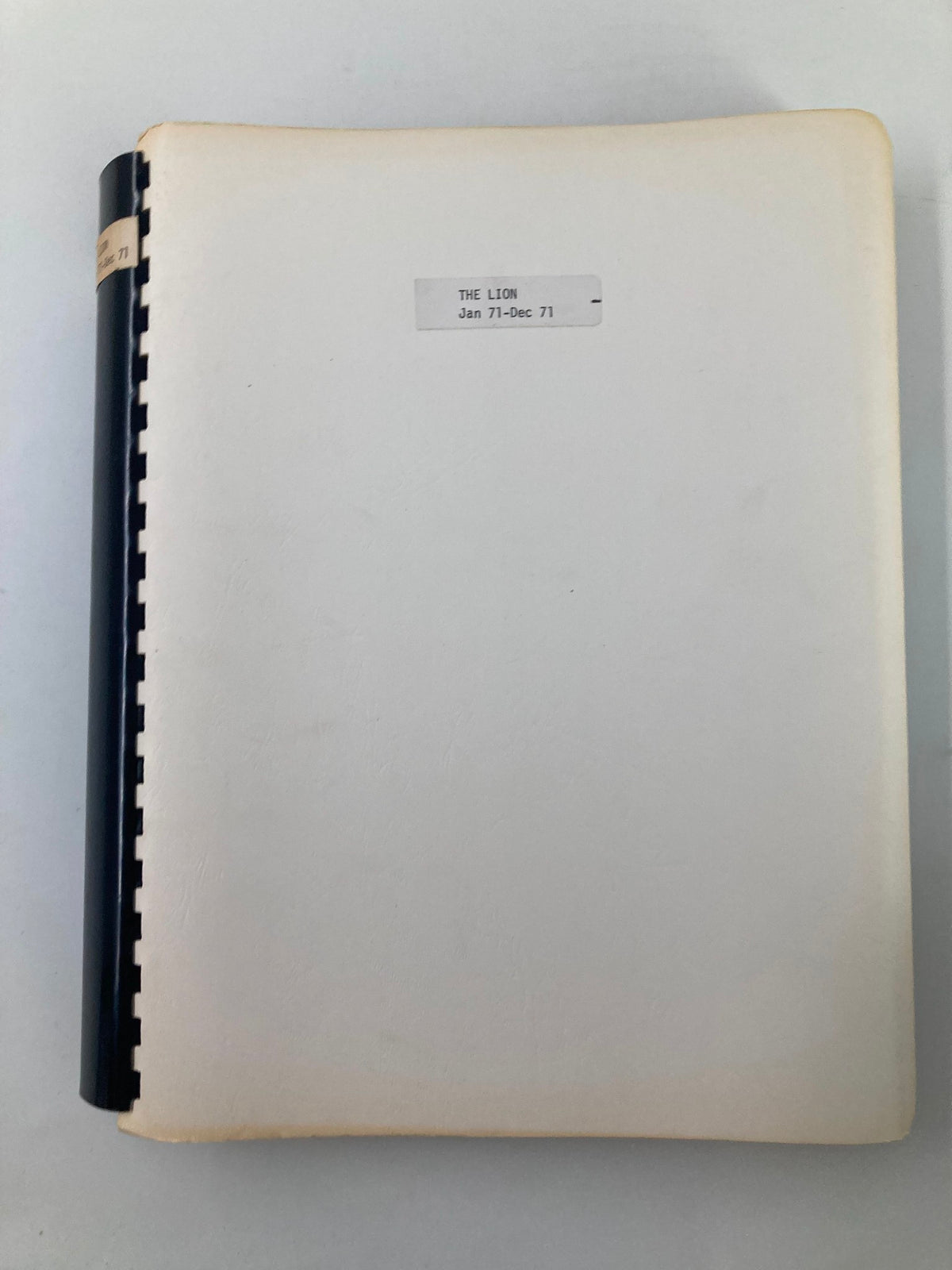 Spine view of the 1971 full year hard cover compilation of The Lion Magazine, labeled 'THE LION Jan 71-Dec 71'.