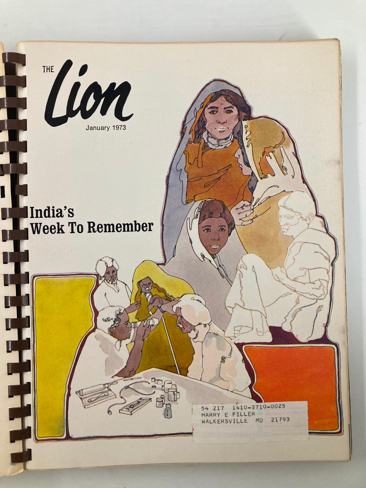 Cover of The Lion Magazine January 1973 titled 'India’s Week To Remember', featuring an artistic illustration of individuals dressed in traditional attire.