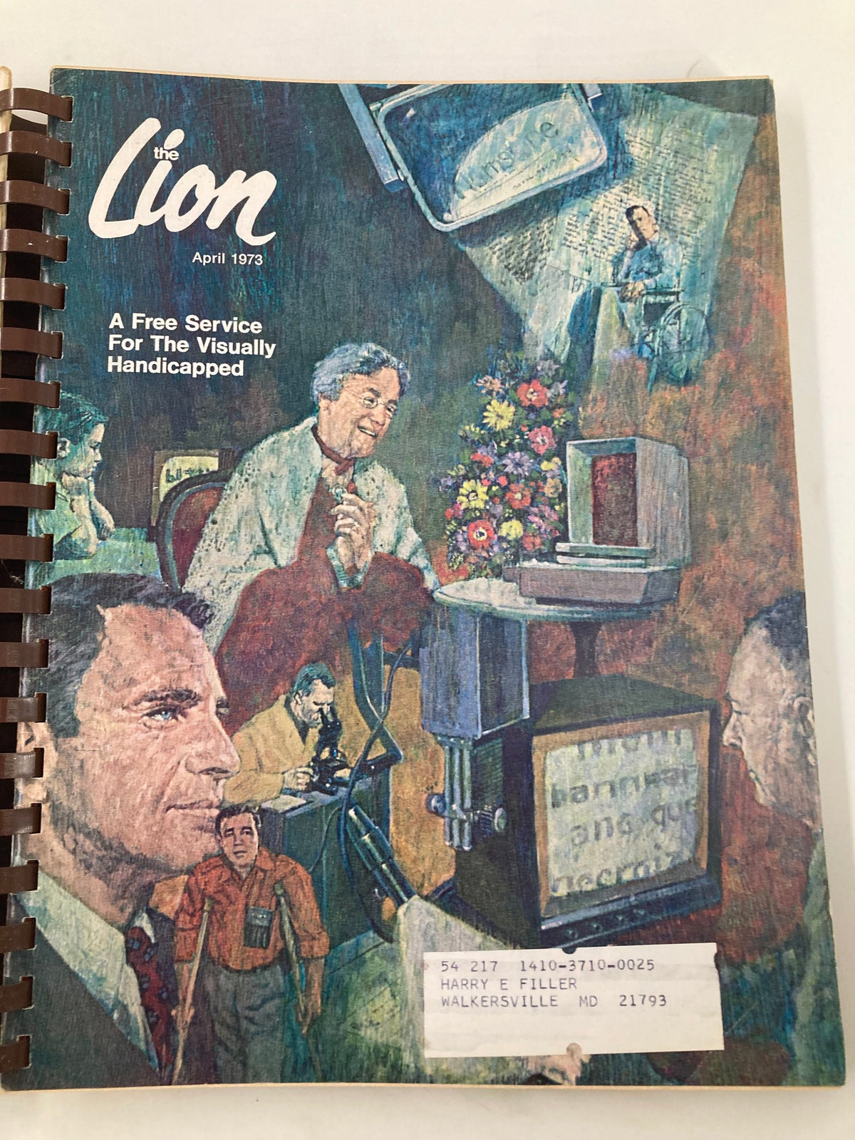 Cover of The Lion Magazine April 1973 illustrating a scene promoting a free service for the visually handicapped, featuring vibrant artwork and imagery.