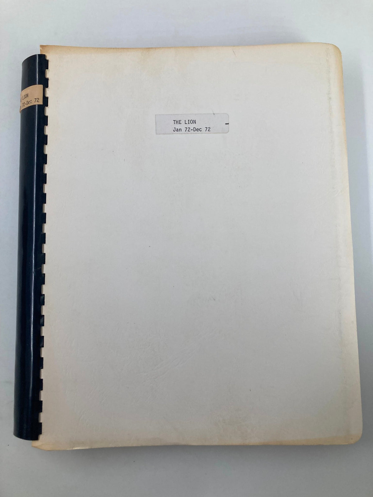 Back cover of the full year compilation of The Lion Magazine from January to December 1972, showcasing a plain cover with information labels, part of the 1972 January-December The Lion Magazine Full Year Hard Cover Compilation Issues.