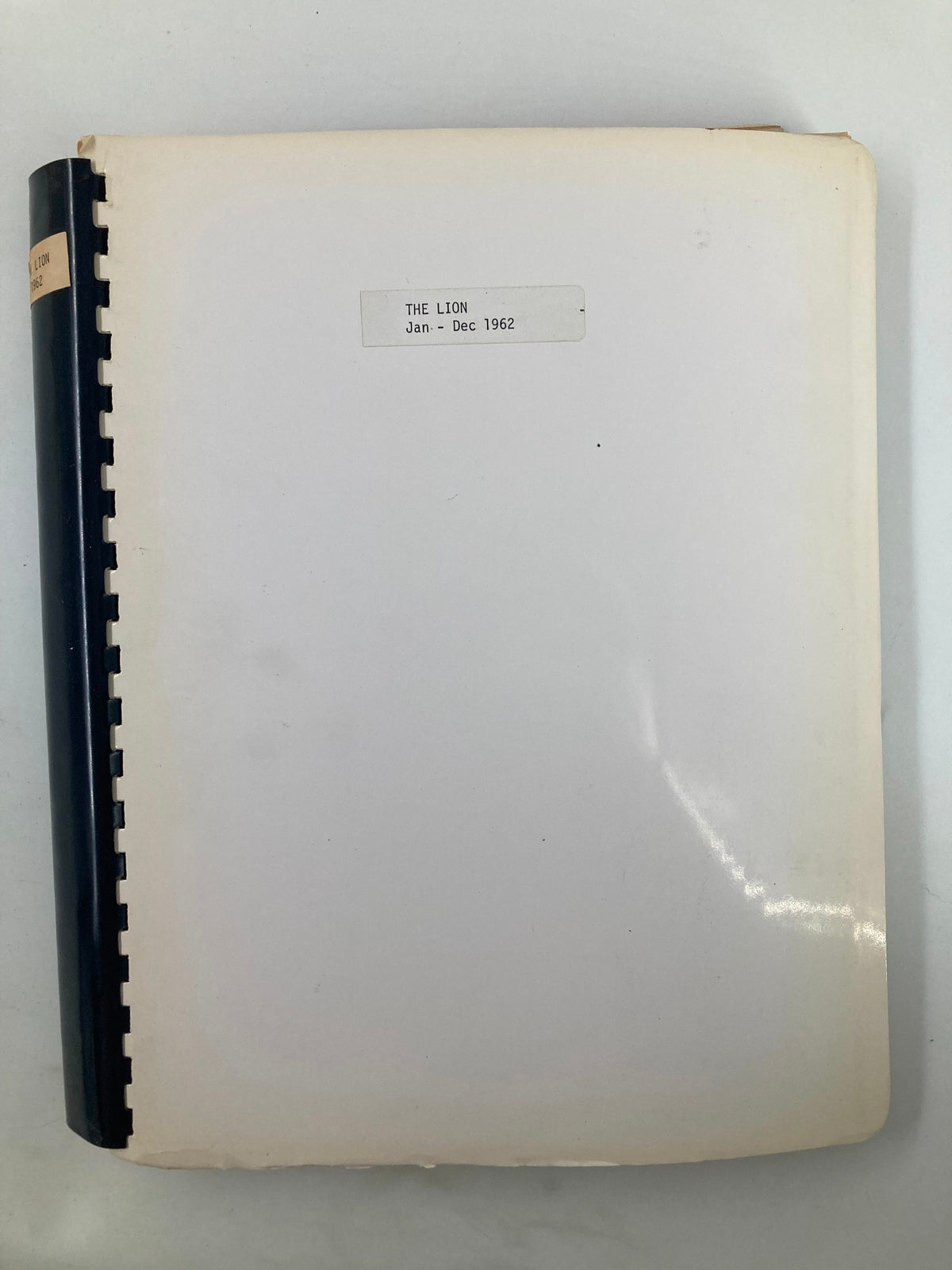 Cover of the 1962 January-December The Lion Magazine Full Year Hard Cover Compilation, featuring a simple white spine with a label indicating 'THE LION Jan.-Dec 1962'.