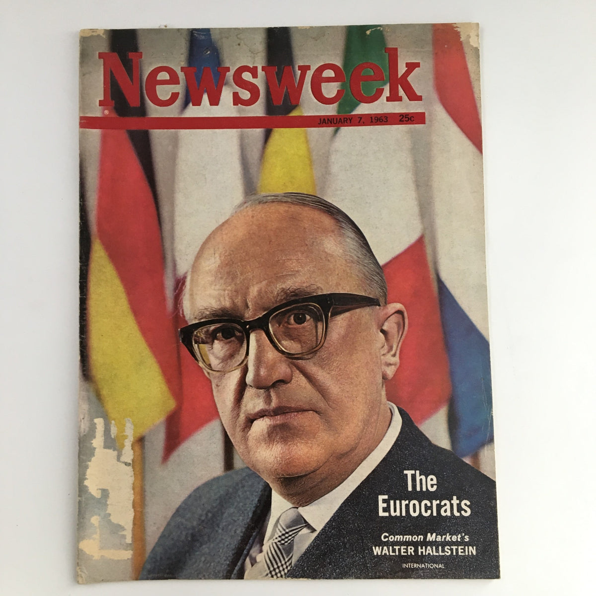 Newsweek Magazine January 7, 1963 featuring a portrait cover of The Eurocrats with Walter Hallstein, discussing his role in the Common Market and European integration.
