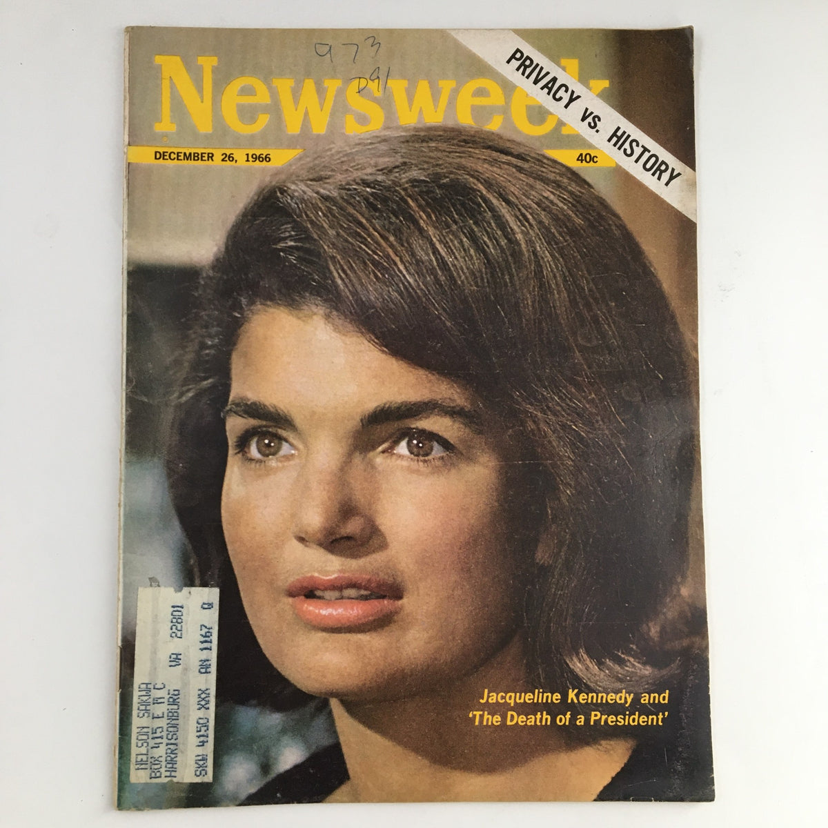 Cover of Newsweek Magazine from December 26, 1966 featuring Jacqueline Kennedy and the topic 'The Death of a President'. The cover showcases Jacqueline Kennedy's image, reflecting her poise during a pivotal moment in American history.