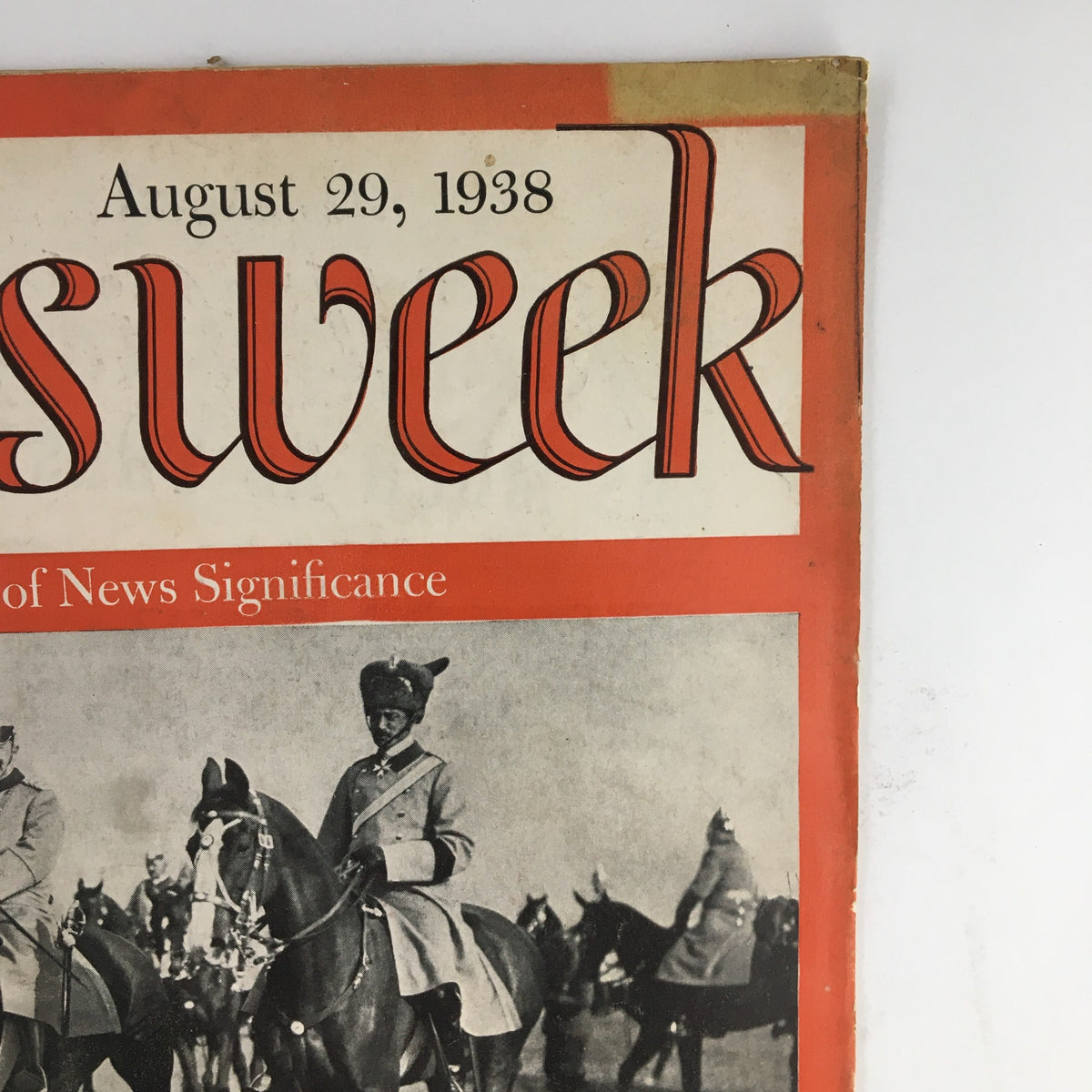 Close-up of the Newsweek Magazine August 29, 1938 cover, highlighting its title and date, showcasing the vintage design and historical significance.