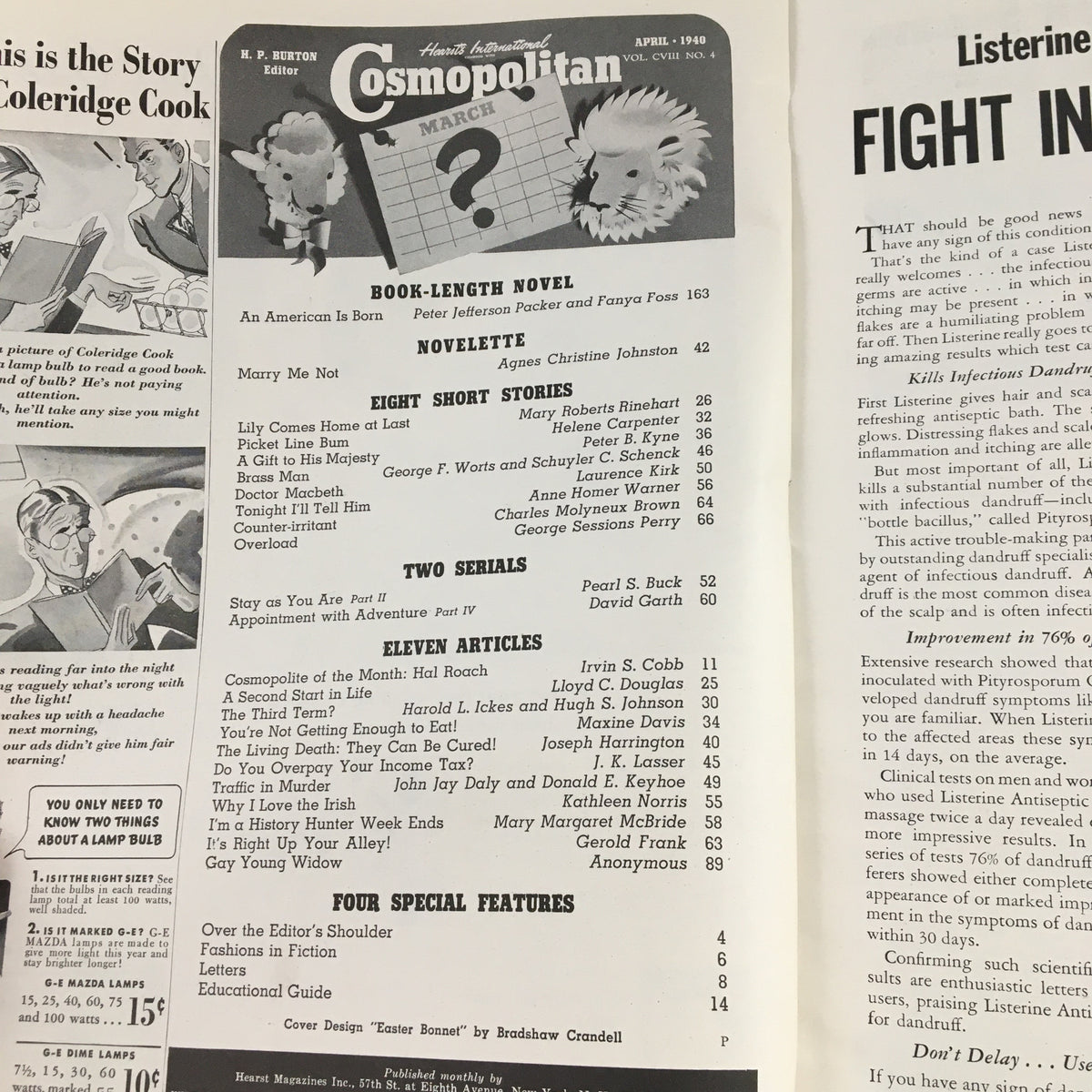 Interior page of Cosmopolitan Magazine April 1940, listing contents including the story 'Lily Comes Home at Last' by Mary Roberts Rinehart, reflecting the historical context of the era.