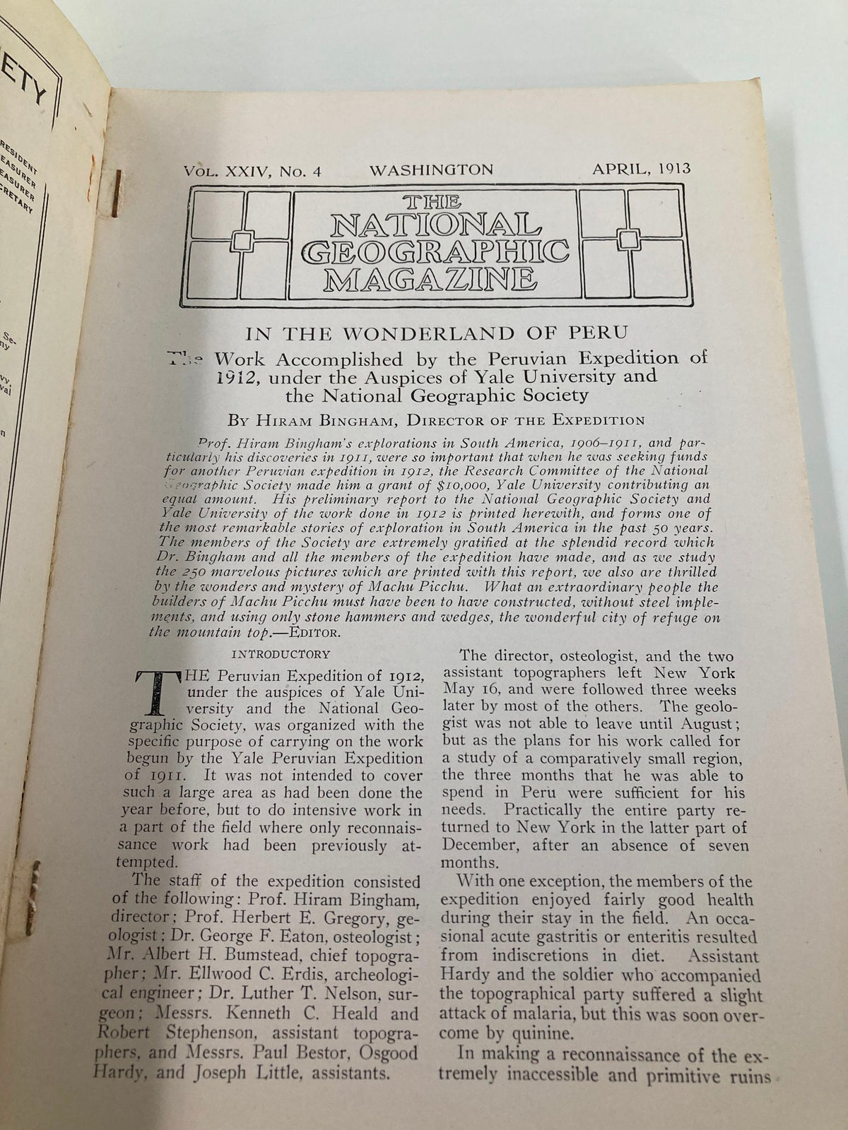 Inside page of VTG The National Geographic Magazine April 1913, featuring the article 'In The Wonderland of Peru', highlighting early 20th-century exploration.