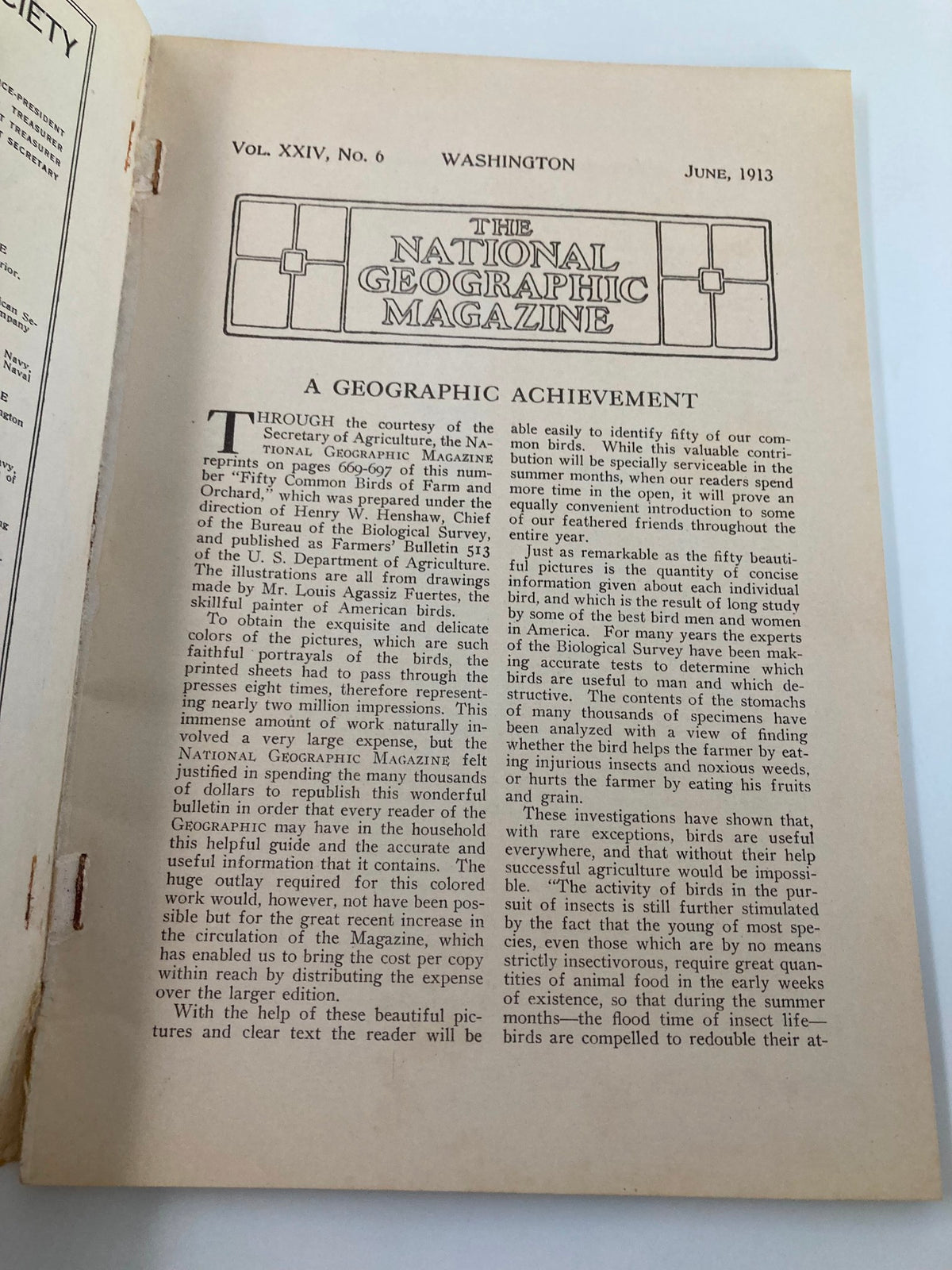 Title page of VTG The National Geographic Magazine June 1913, featuring an introduction to the issue's focus on 50 Common Birds of Farm & Orchard.