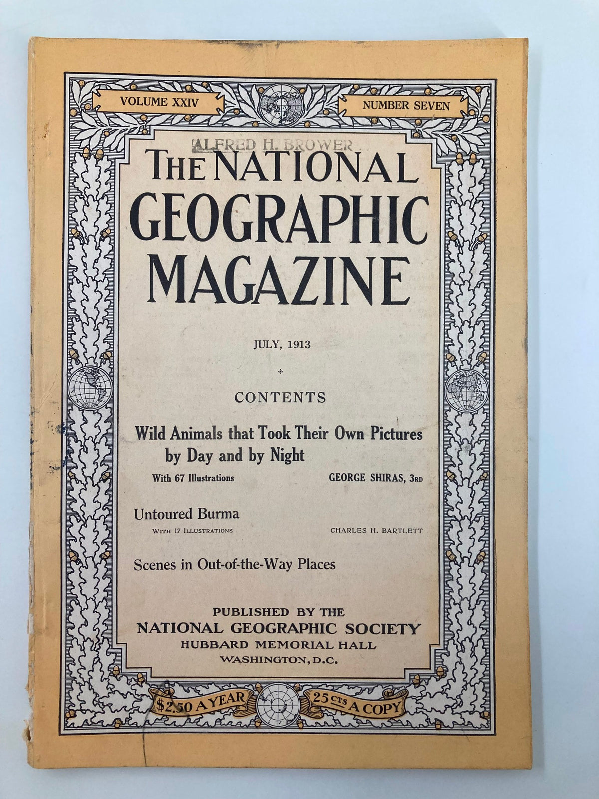 Cover of the vintage National Geographic Magazine from July 1913, titled 'Scenes in Out-of-the-Way Places', showcasing its original layout and illustration details.