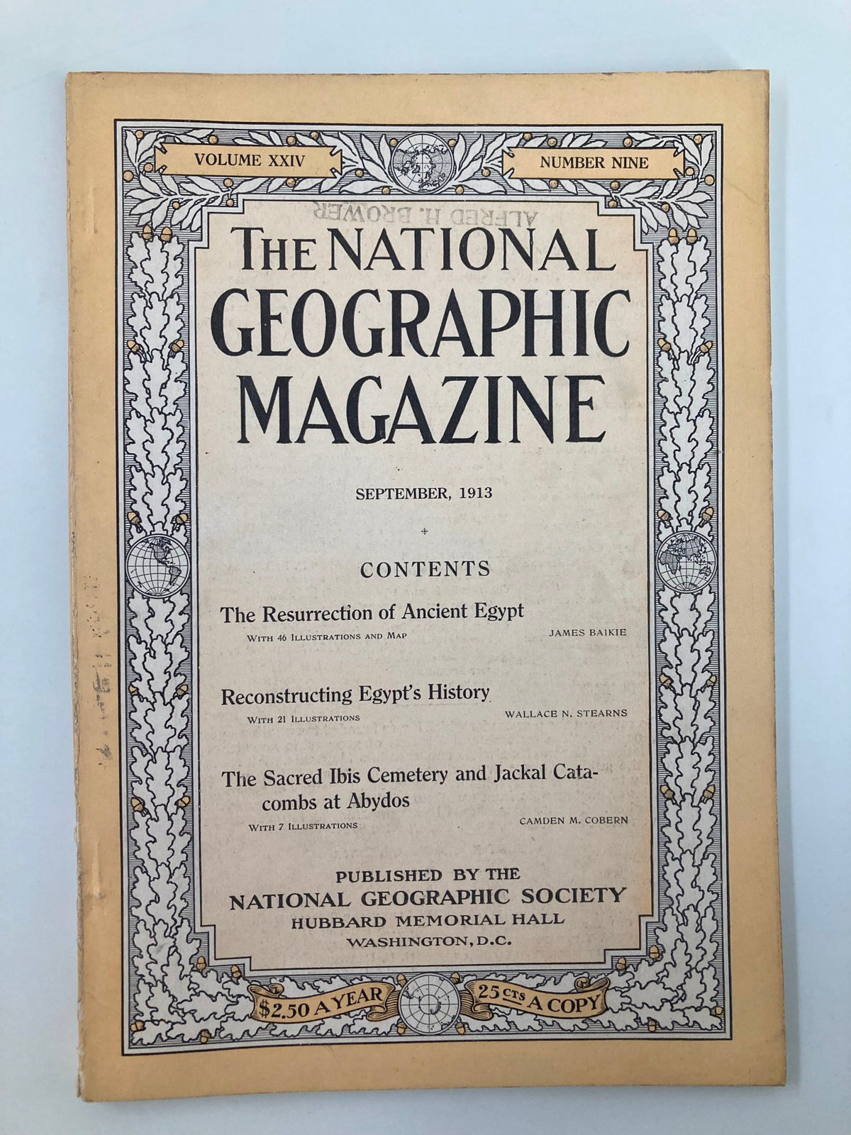 Cover of The National Geographic Magazine, September 1913 edition featuring the title and contents including The Sacred Ibis Cemetery.
