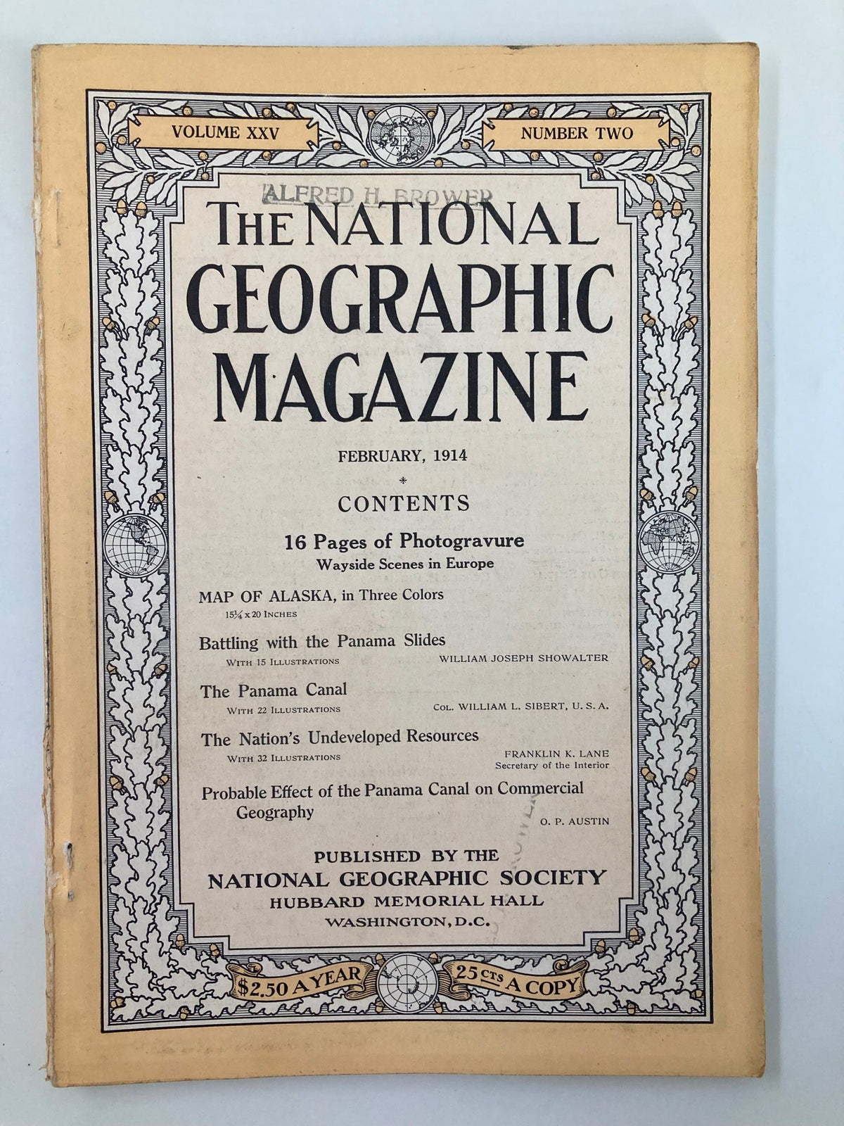 Cover of VTG The National Geographic Magazine February 1914 featuring the title, content list, and a vintage design, highlighting articles including 'Battling with the Panama Slides' and 'The Panama Canal.'