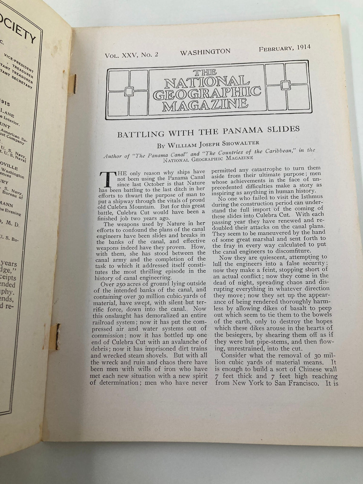 Inside page of VTG The National Geographic Magazine February 1914 featuring the article 'Battling with The Panama Slides' by William Joseph Showalter, showcasing historical content and elegant typography.