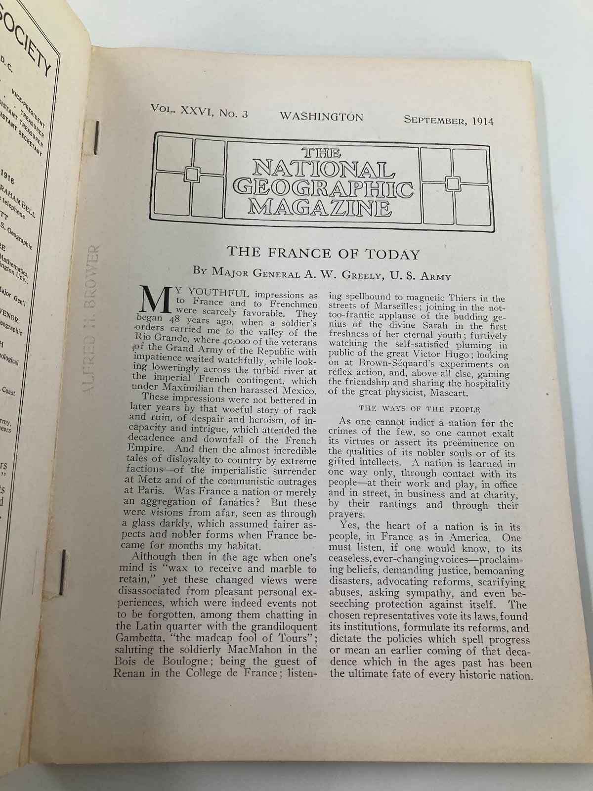 The National Geographic Magazine - September 1914, showcasing an article titled 'The France of Today' by Major General A.W. Greene, U.S. Army, and the magazine's publication details.