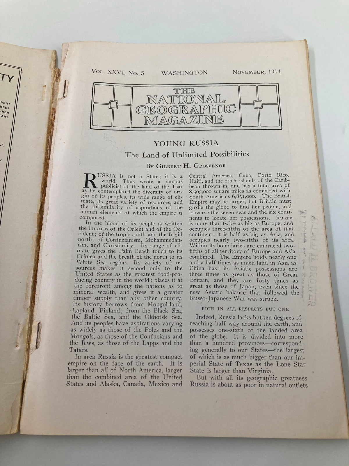 Inside page of the National Geographic Magazine from November 1914, featuring an article titled 'Young Russia' by Gilbert H. Grosvenor.