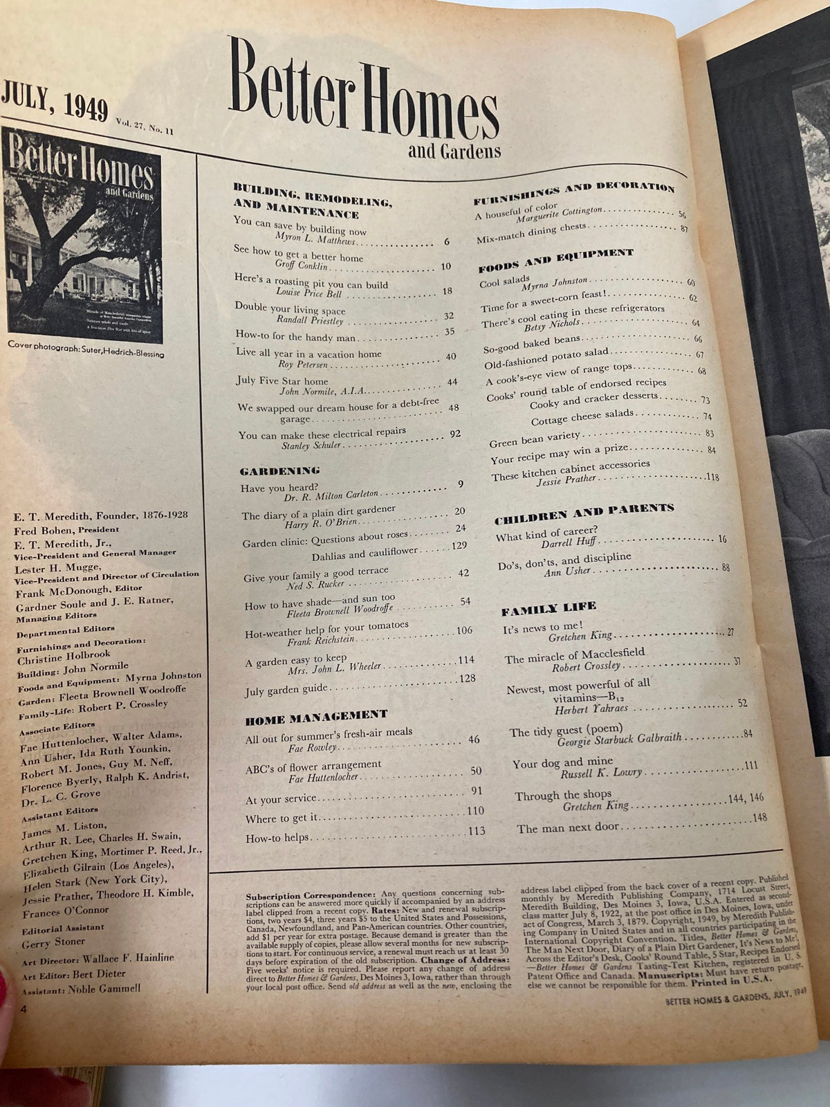 Table of contents page from VTG Better Homes & Gardens Magazine July 1949, highlighting articles and features such as gardening tips and home management advice, reflective of post-war American lifestyle.