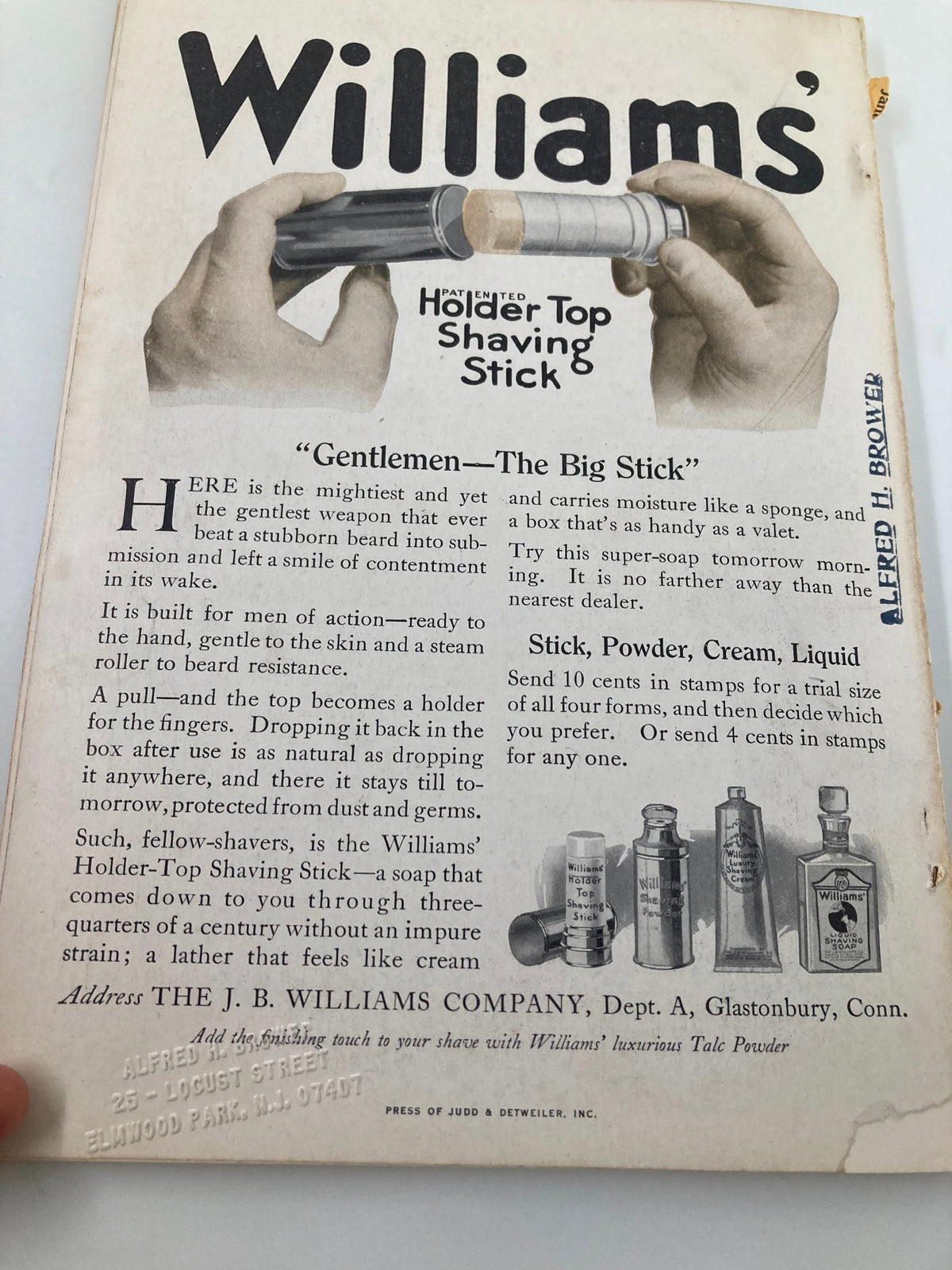 Vintage advertisement for Williams Holder Top Shaving Stick, featuring the tagline 'Gentlemen—The Big Stick'. The ad showcases the shaving product and its features, emphasizing its ease of use and effectiveness for grooming, alongside the January 1916 National Geographic Magazine title, enhancing its historical context.