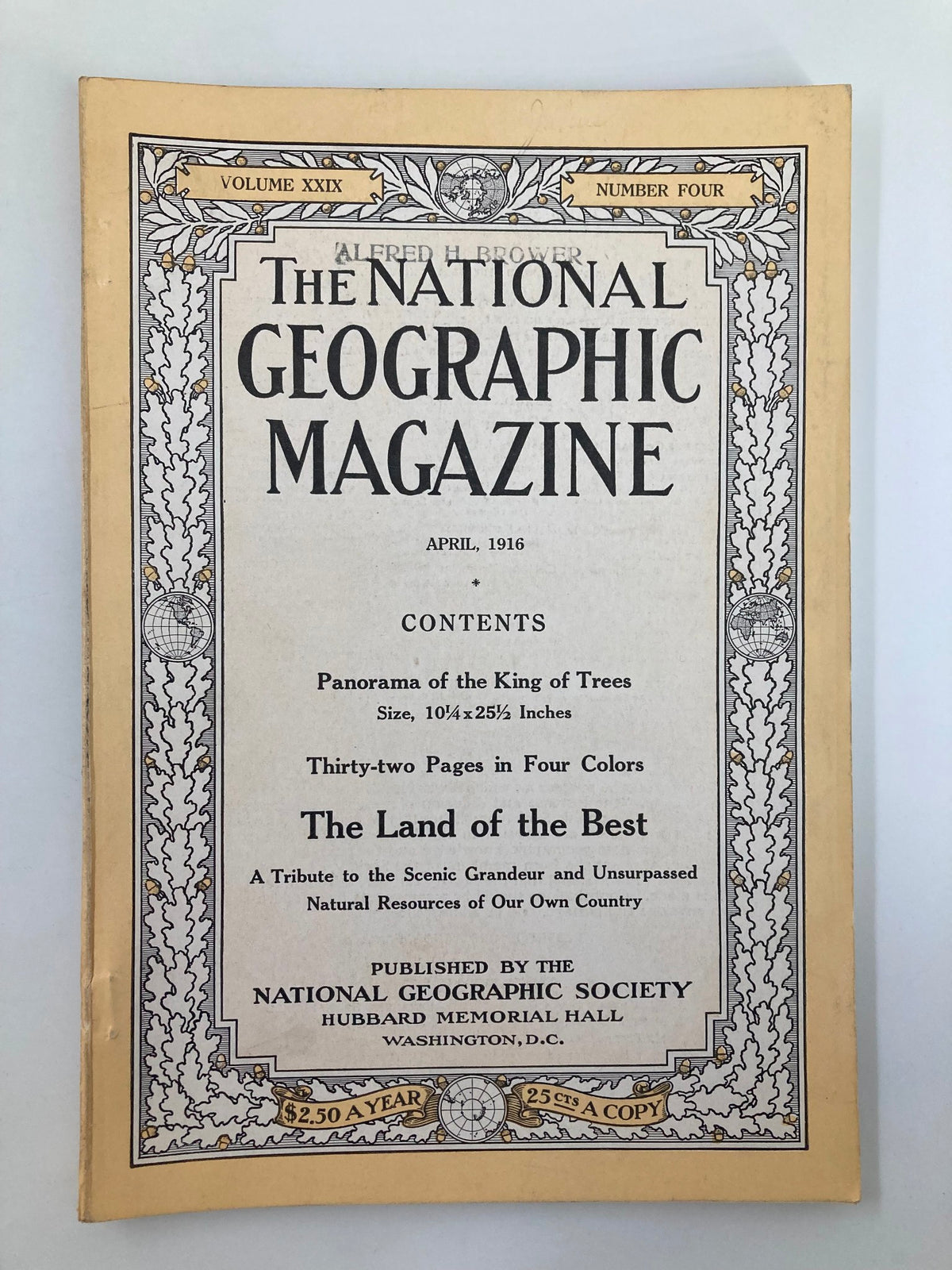 Cover page of the April 1916 National Geographic Magazine featuring the title, table of contents, and the panorama titled 'Panorama of the King of Trees'.