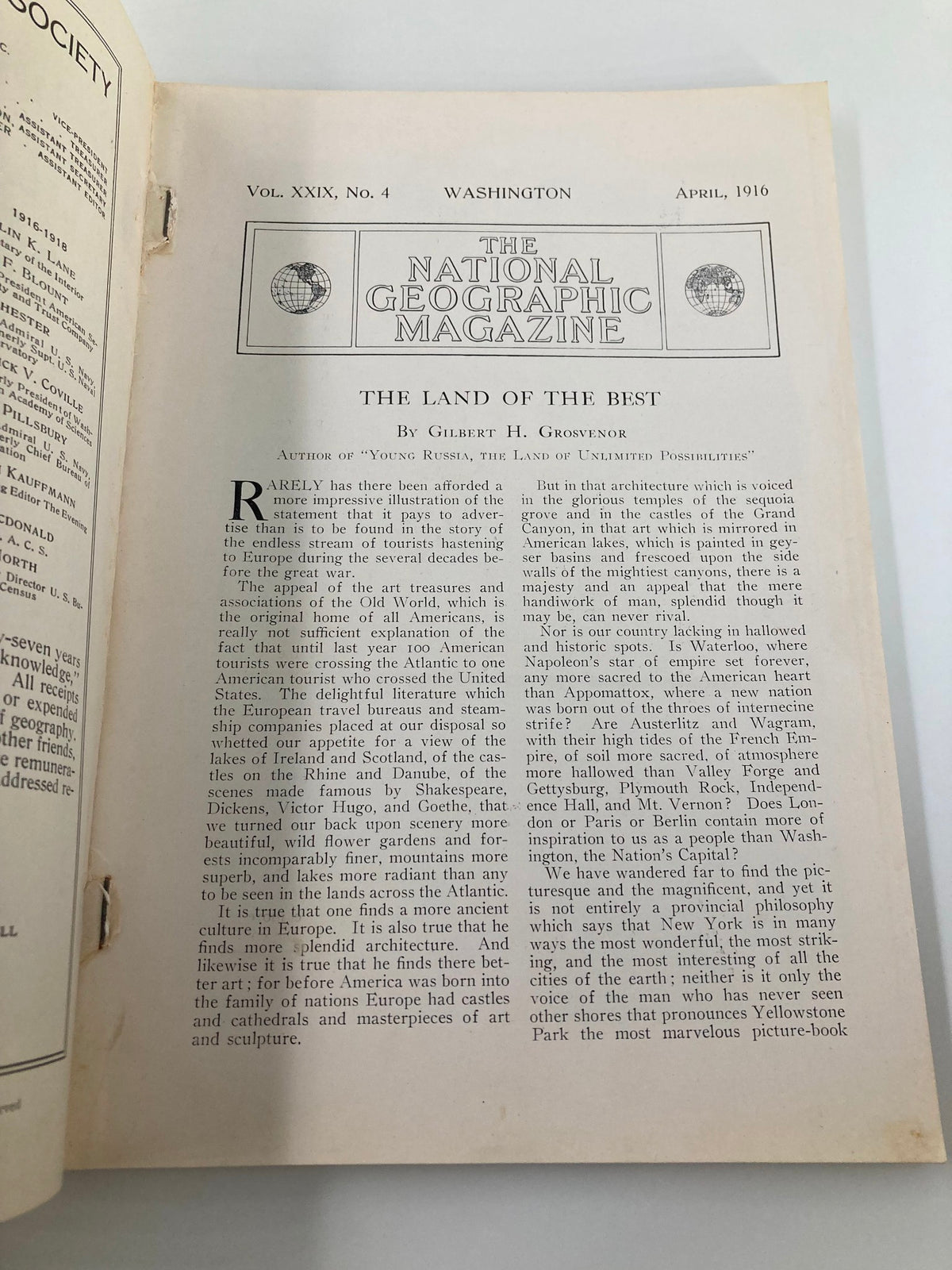 Interior page of the April 1916 National Geographic Magazine with the article 'The Land of the Best' by Gilbert H. Grosvenor.