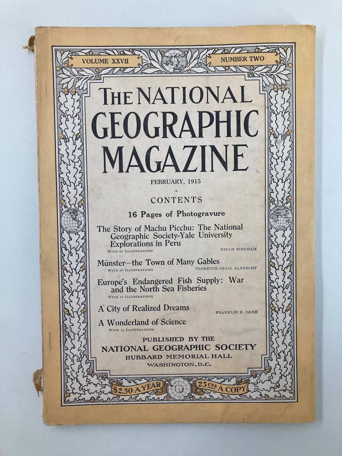 Cover of VTG The National Geographic Magazine February 1915 featuring Munster Town of Many Gables, showcasing its contents and design.