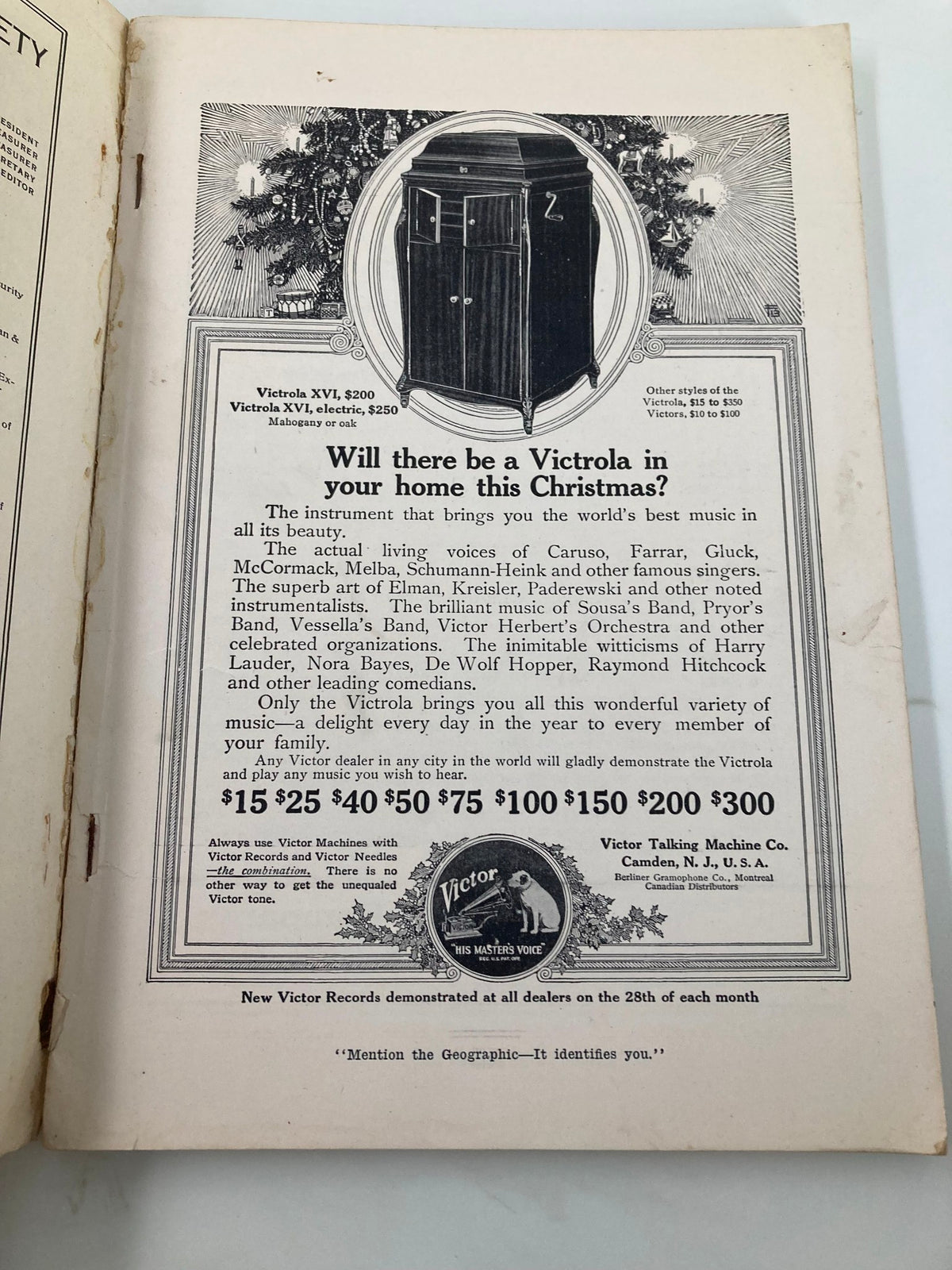 Inside page advertisement from the December 1915 National Geographic Magazine for Victor Talking Machines and music, showcasing the cultural context of the time.