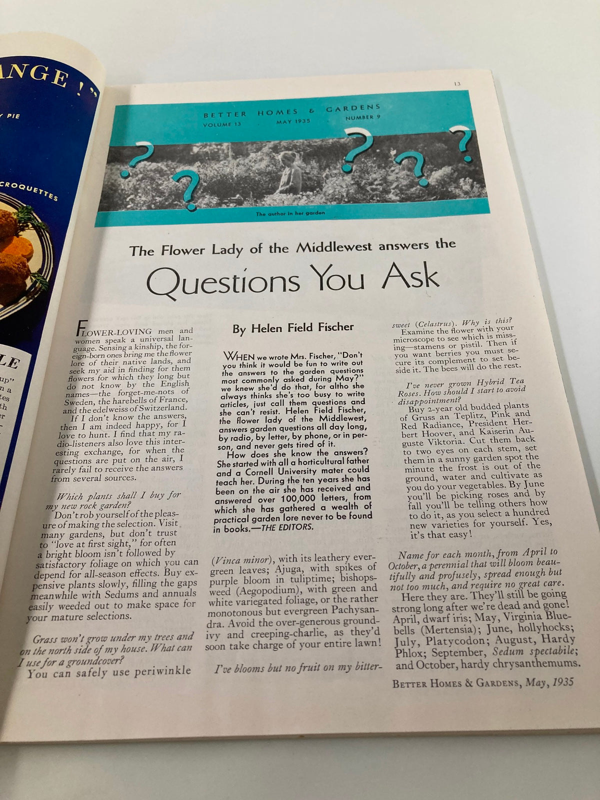 Page from VTG Better Homes & Gardens Magazine May 1935 featuring an article titled 'The Flower Lady of the Midwest answers the Questions You Ask' along with a photograph of the author in her garden.
