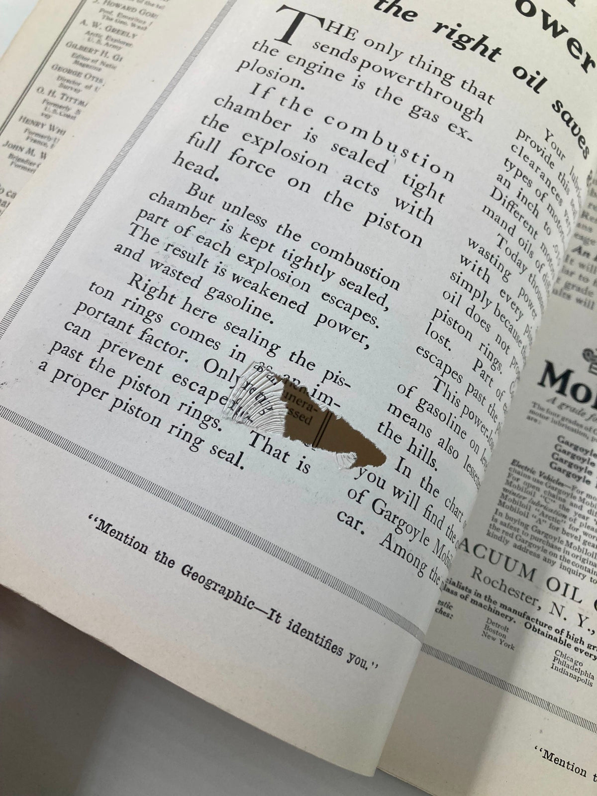 Interior page of National Geographic Magazine September 1916 showing an article with technical details about engine combustion, illustrating historical publishing style.