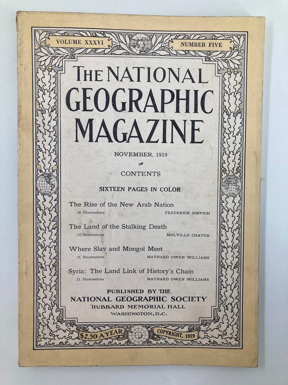 Cover of The National Geographic Magazine, November 1919, featuring the title 'The National Geographic Magazine' and the main article 'The Rise of the New Arab Nation'. This vintage publication showcases historical insights and vivid illustrations from a significant period in the early 20th century.
