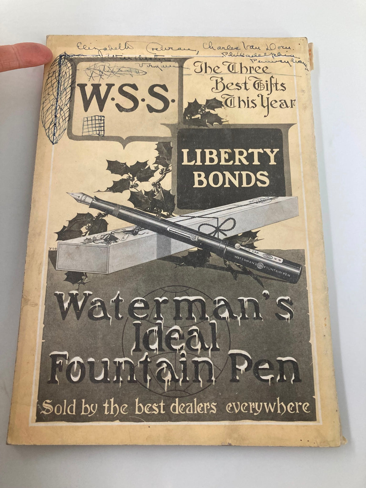 Back cover of the November 1918 National Geographic Magazine featuring an advertisement for 'Waterman's Ideal Fountain Pen' along with handwritten notes.