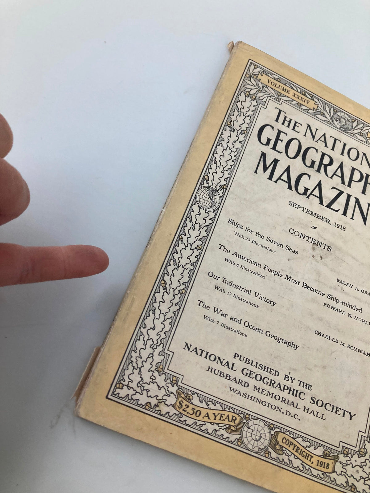 Cover page of VTG The National Geographic Magazine September 1918 featuring the title and contents including 'Ships for the Seven Seas' and notable articles.