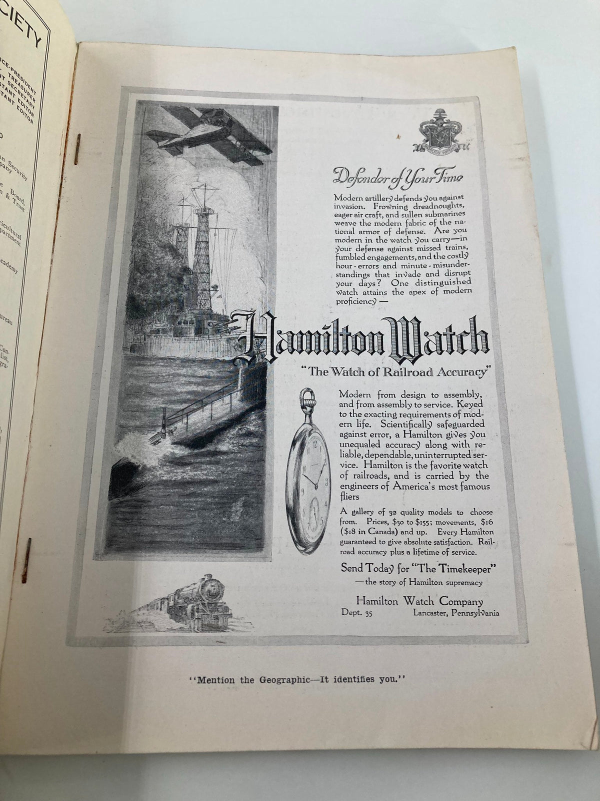 An advertisement page from VTG The National Geographic Magazine September 1918 promoting Hamilton Watch, featuring a vintage illustration of a ship and clock.