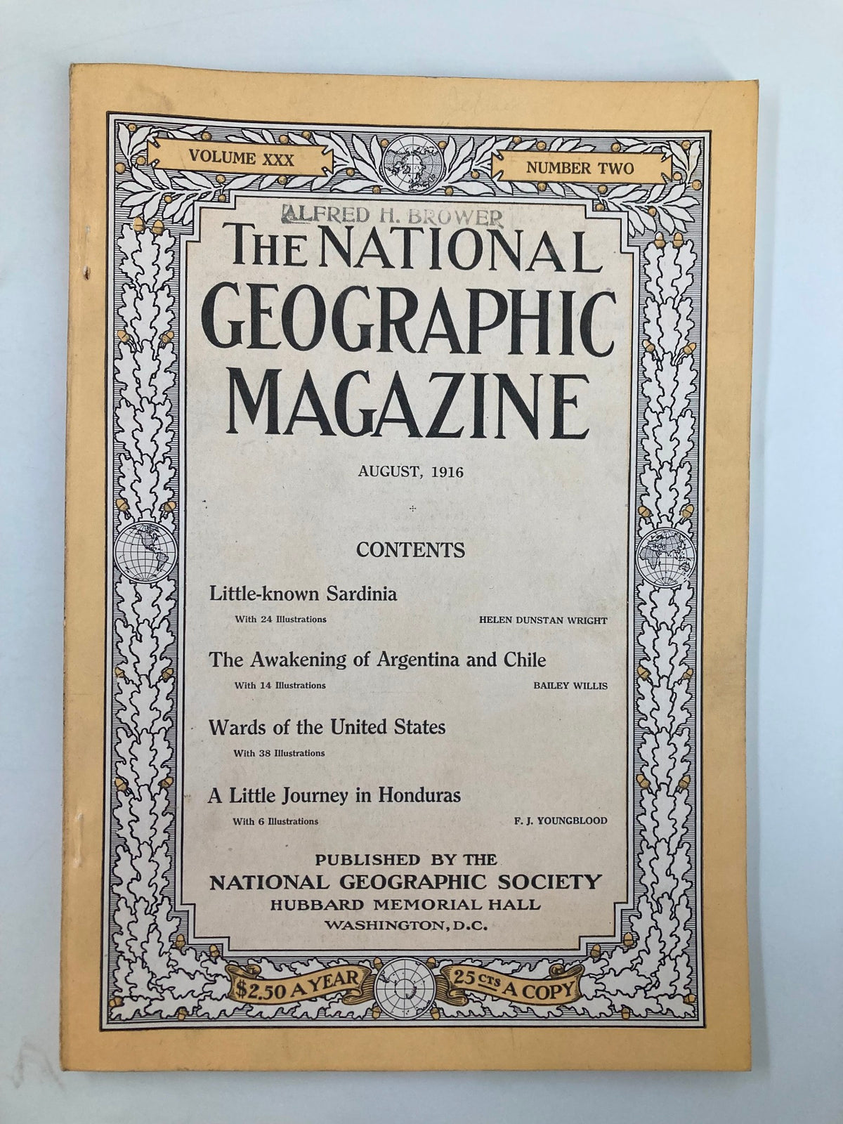 Cover of the National Geographic Magazine from August 1916 featuring the title 'Little-Known Sardinia', highlighting the captivating cover story.