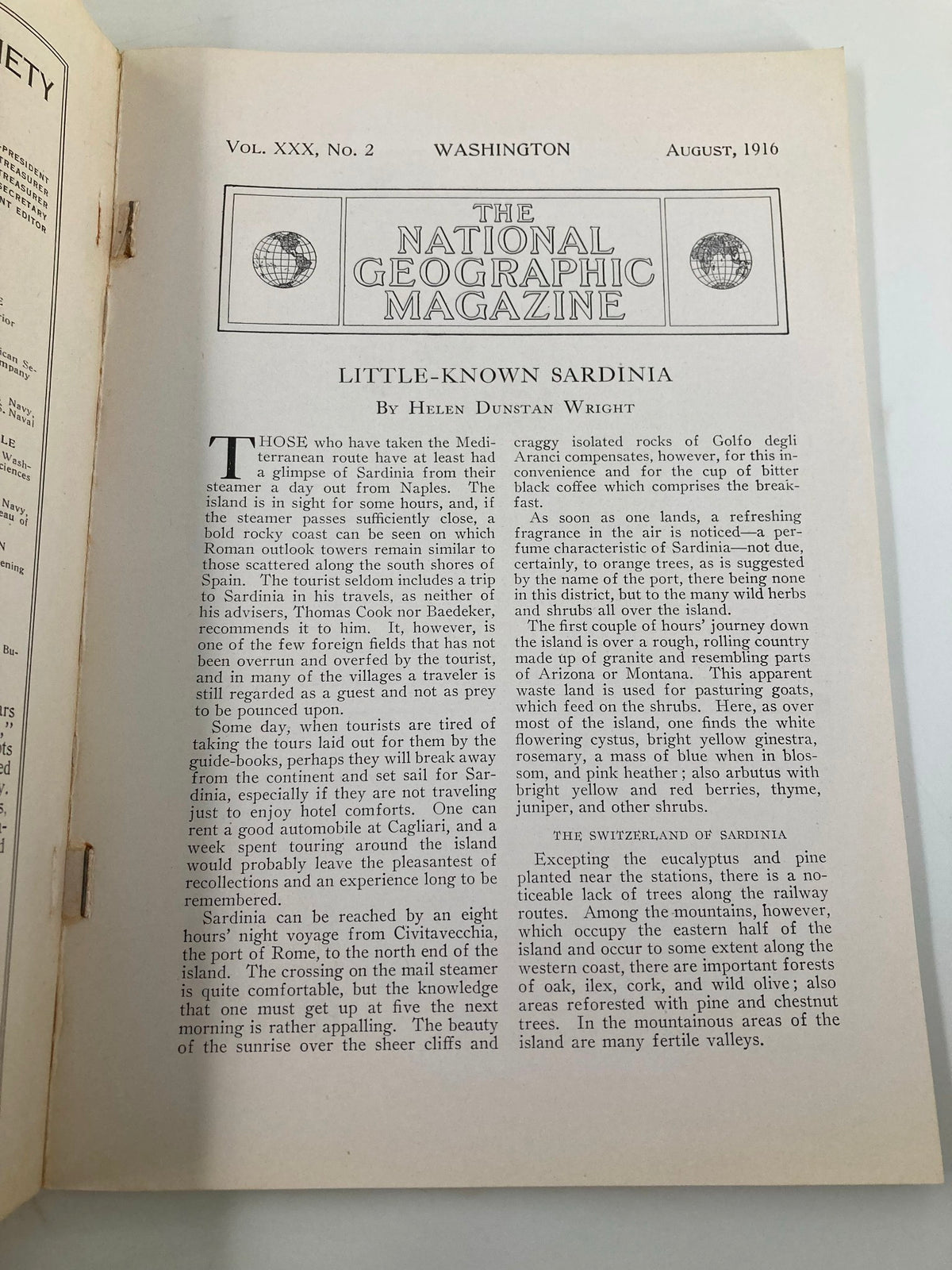 Page inside the National Geographic Magazine August 1916 showcasing the article 'Little-Known Sardinia' by Helen Dunstan Wright, with detailed descriptions and illustrations.