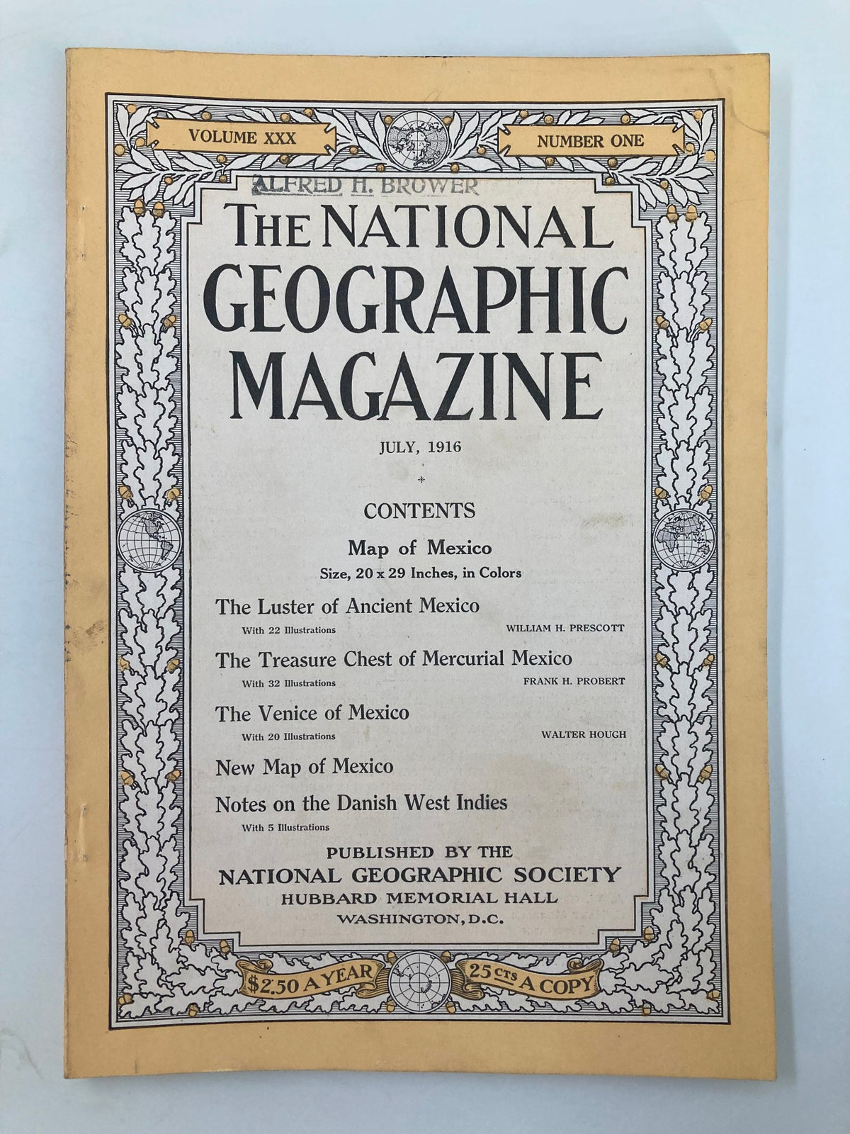 Cover of The National Geographic Magazine, July 1916 issue titled 'The Venice of Mexico', featuring a decorative design and a list of article contents.