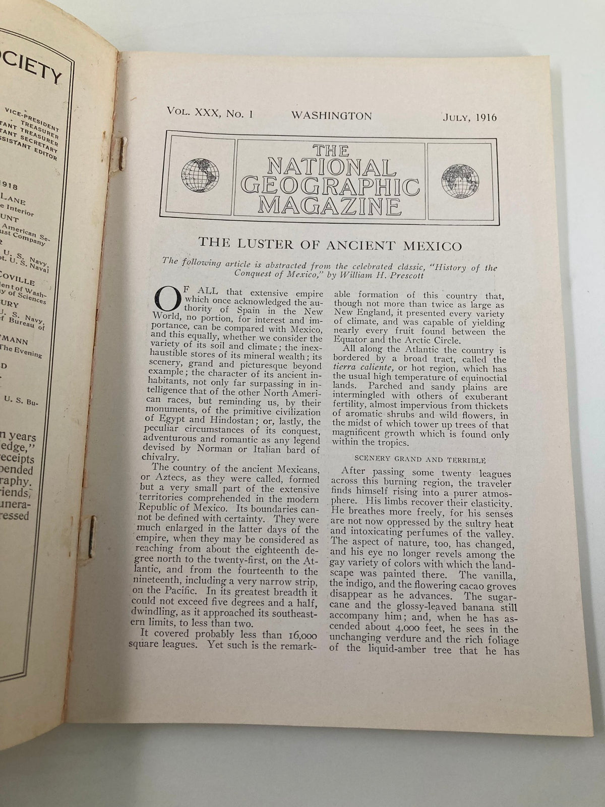Inside page of The National Geographic Magazine, July 1916 issue, showcasing the article 'The Luster of Ancient Mexico' with an introductory text.