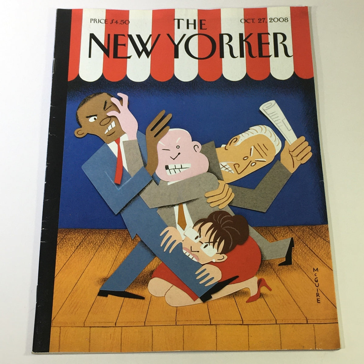 Cover of The New Yorker October 27, 2008, featuring a colorful illustration by Richard McGuire, depicting a humorous scene with characters in a chaotic confrontation.