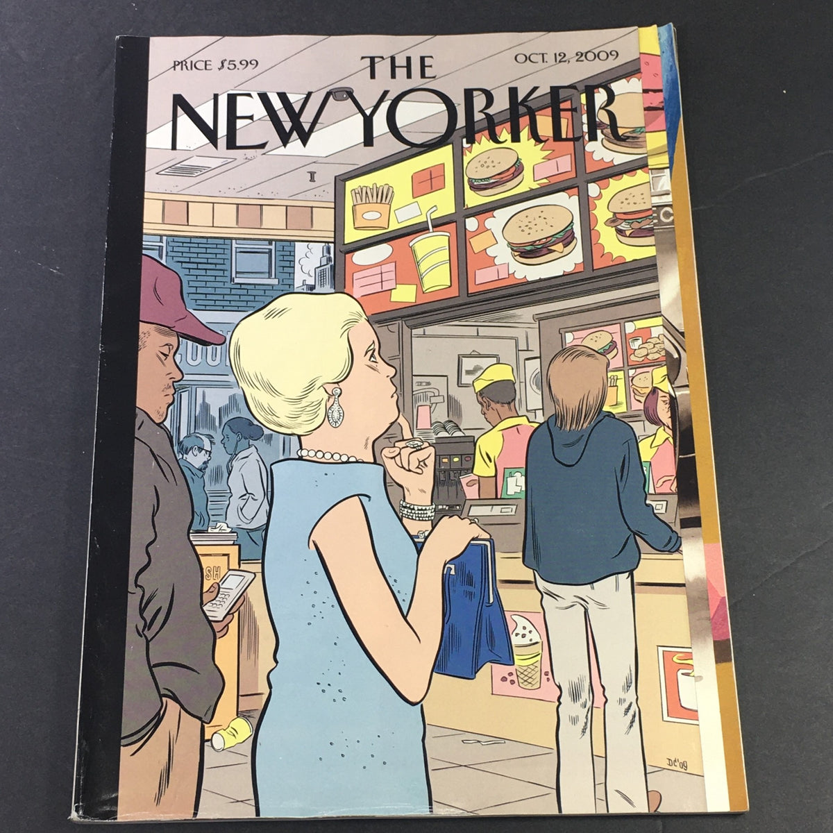 Cover of The New Yorker Magazine from October 12, 2009, featuring an illustration by Dan Clowes. The artwork displays a scene in a fast-food restaurant, depicting a woman observing the menu while holding a shopping bag, surrounded by people in line.