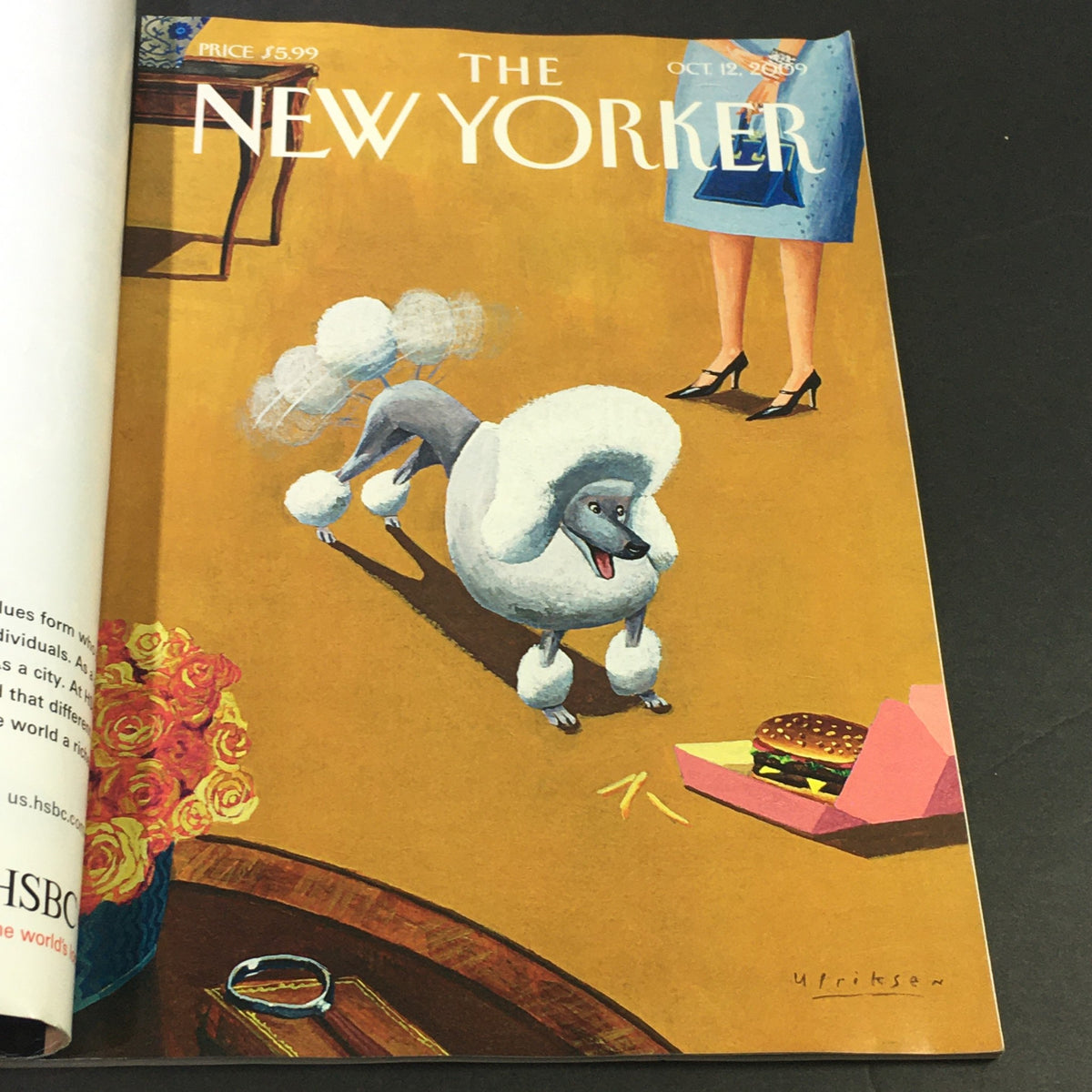 Another artistic cover of The New Yorker Magazine from October 12, 2009, depicting a playful poodle near a burger box, showcasing unique art related to 'The Food Chain' by Dan Clowes.