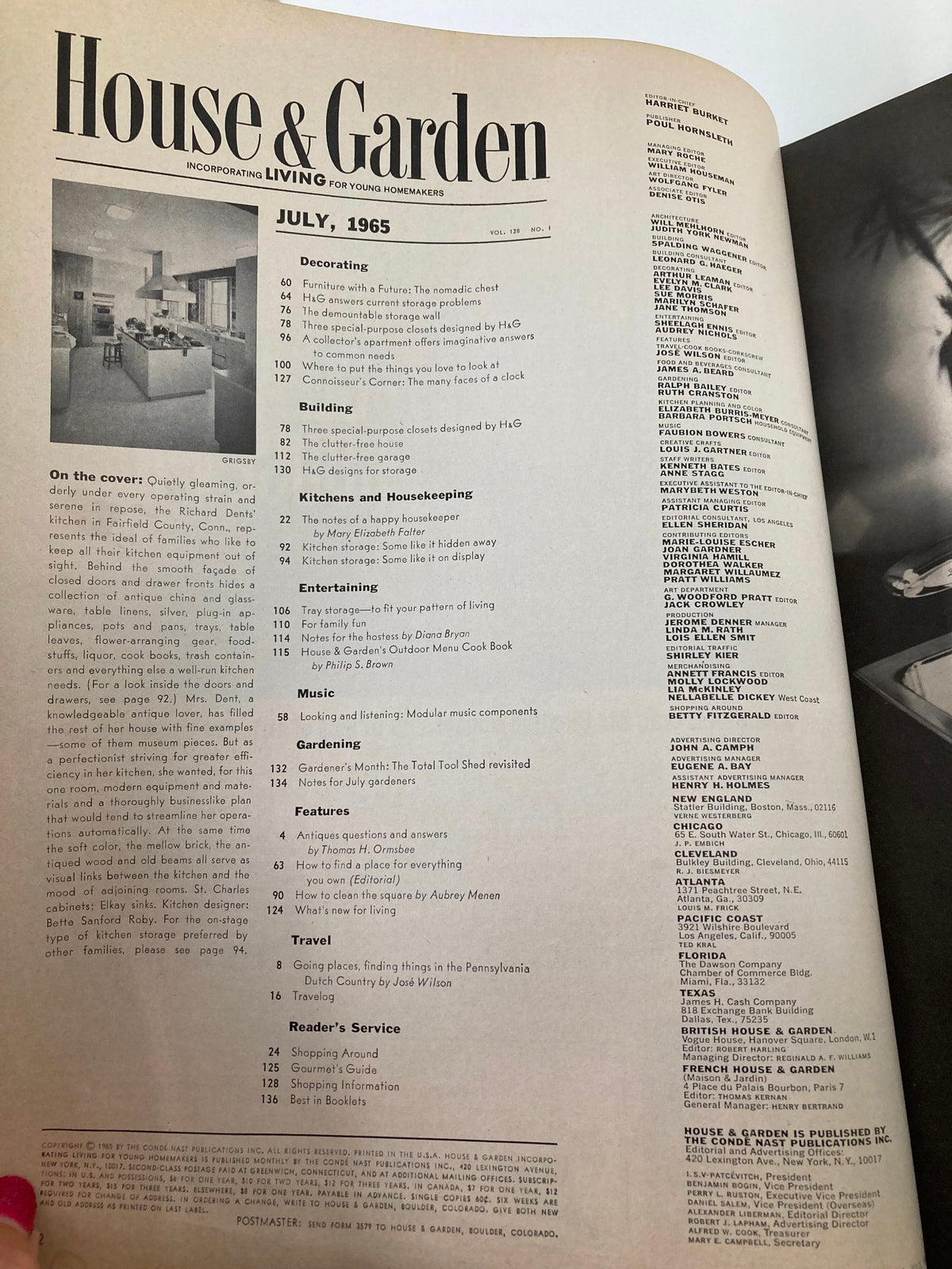 Inside page of VTG House & Garden Magazine July 1965 displaying the table of contents with articles that inspire interior design and organization.