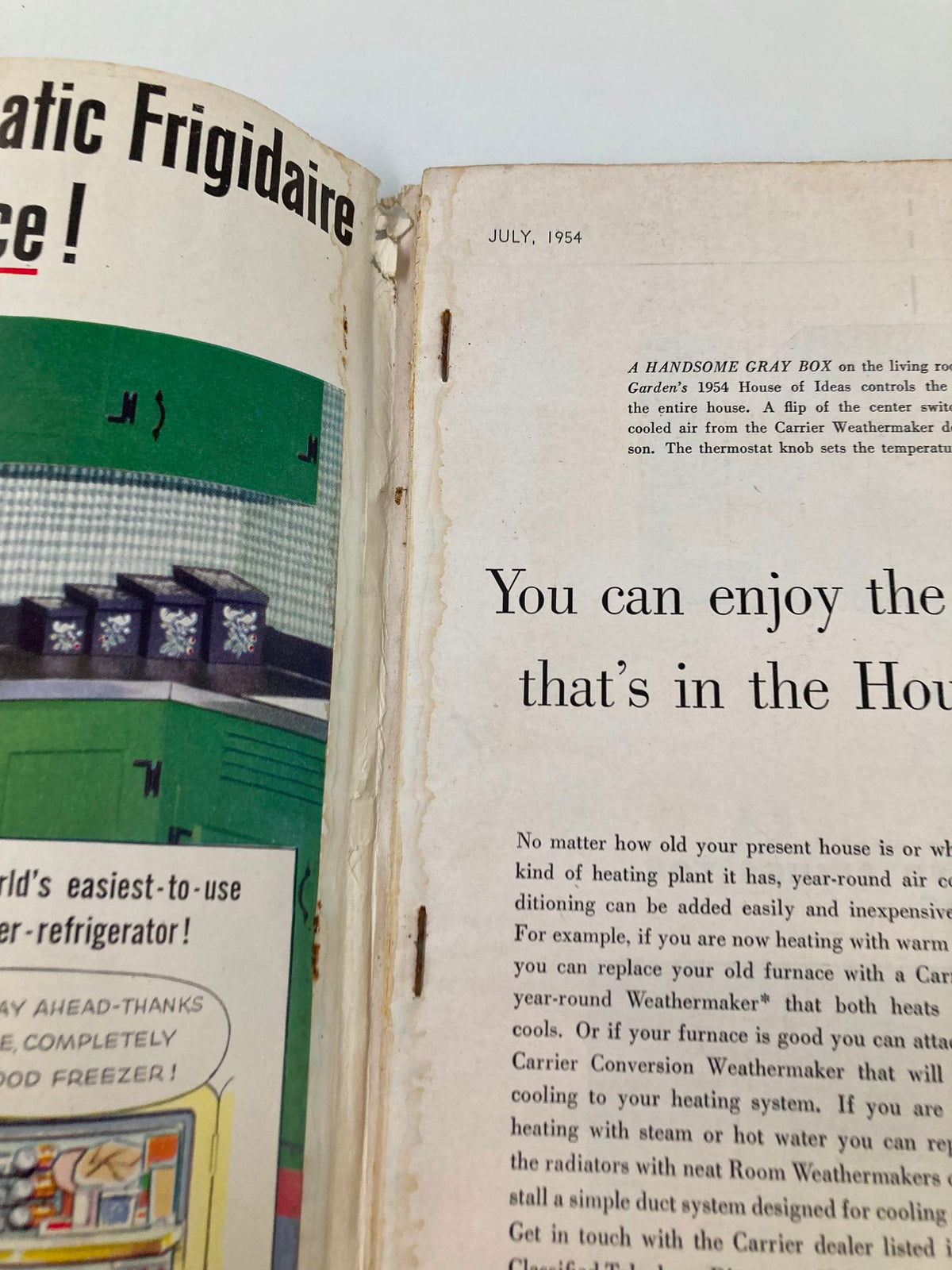 Inside view of VTG House & Garden Magazine July 1954, featuring advertisements and articles on home and garden ideas from the 1950s.